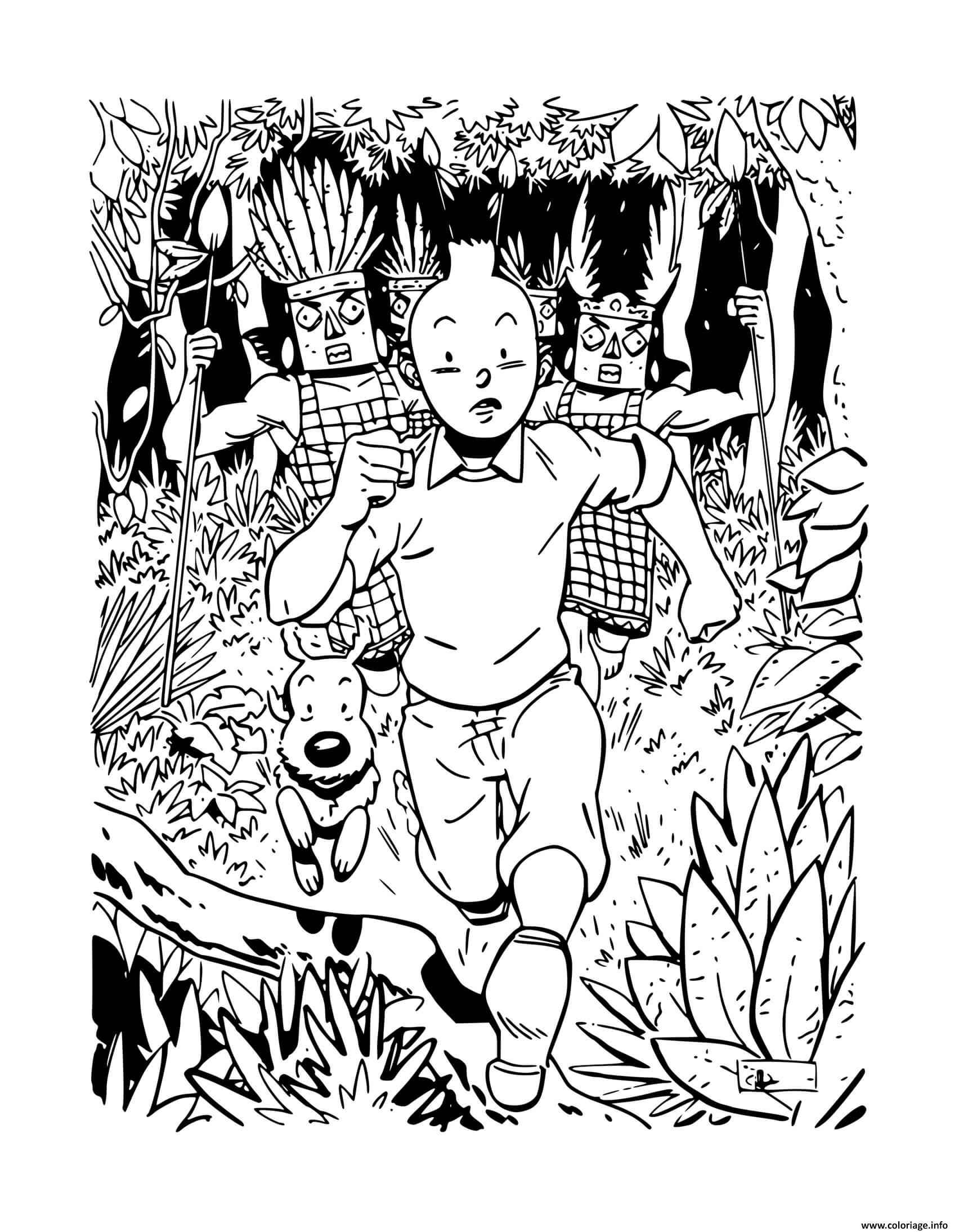 Dessin tintin milou fuient les indiens Coloriage Gratuit à Imprimer