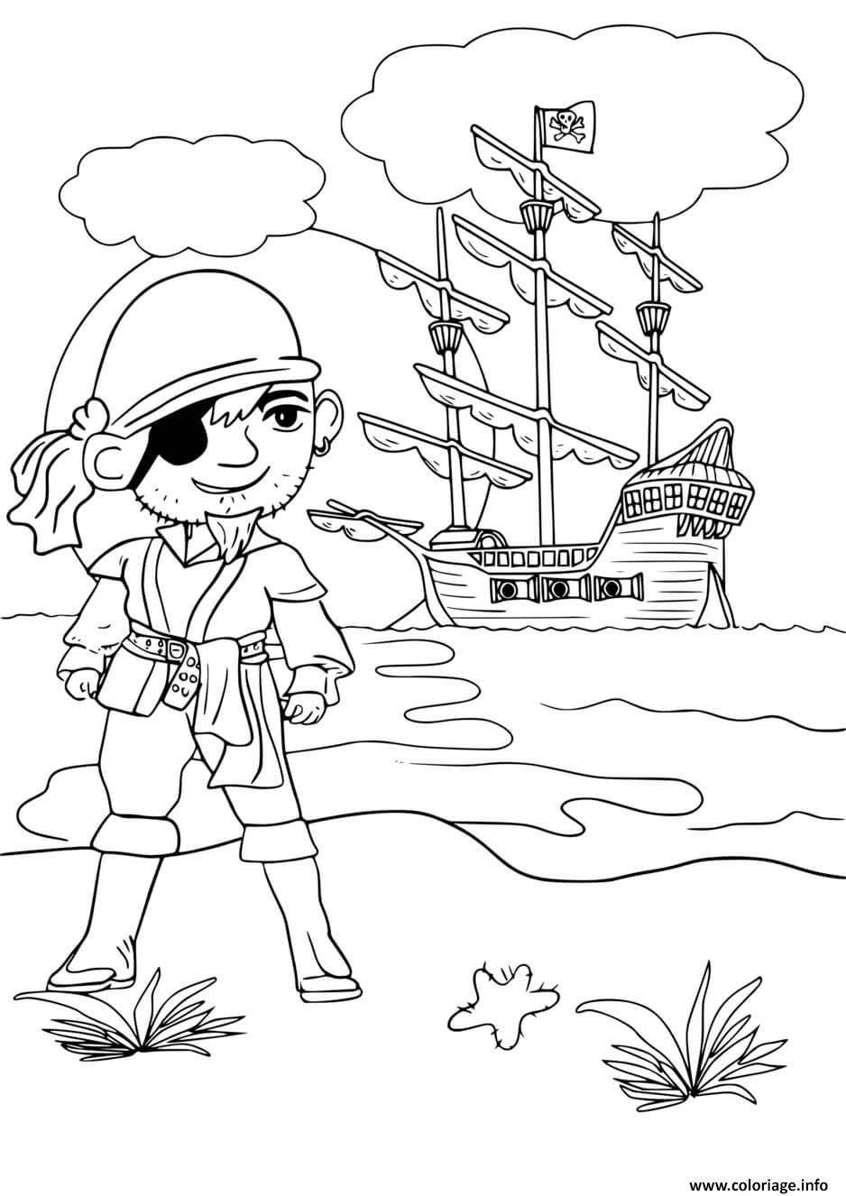 Dessin pirate et son bateau pret pour attaquer Coloriage Gratuit à Imprimer