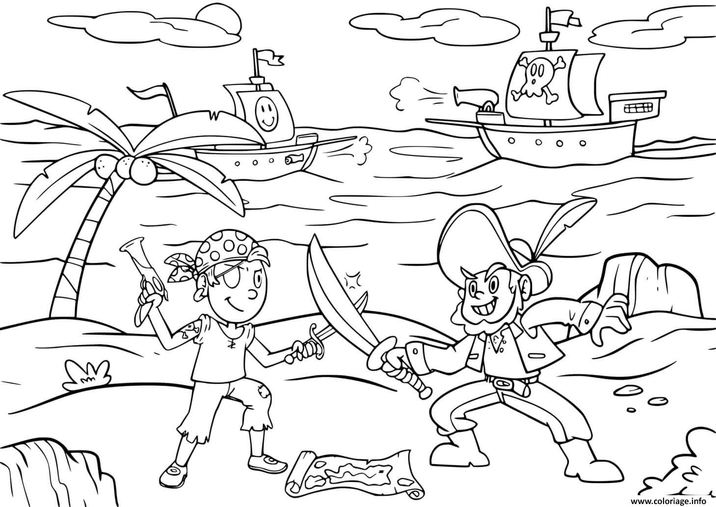 Dessin bataille entre pirates sur une ile Coloriage Gratuit à Imprimer