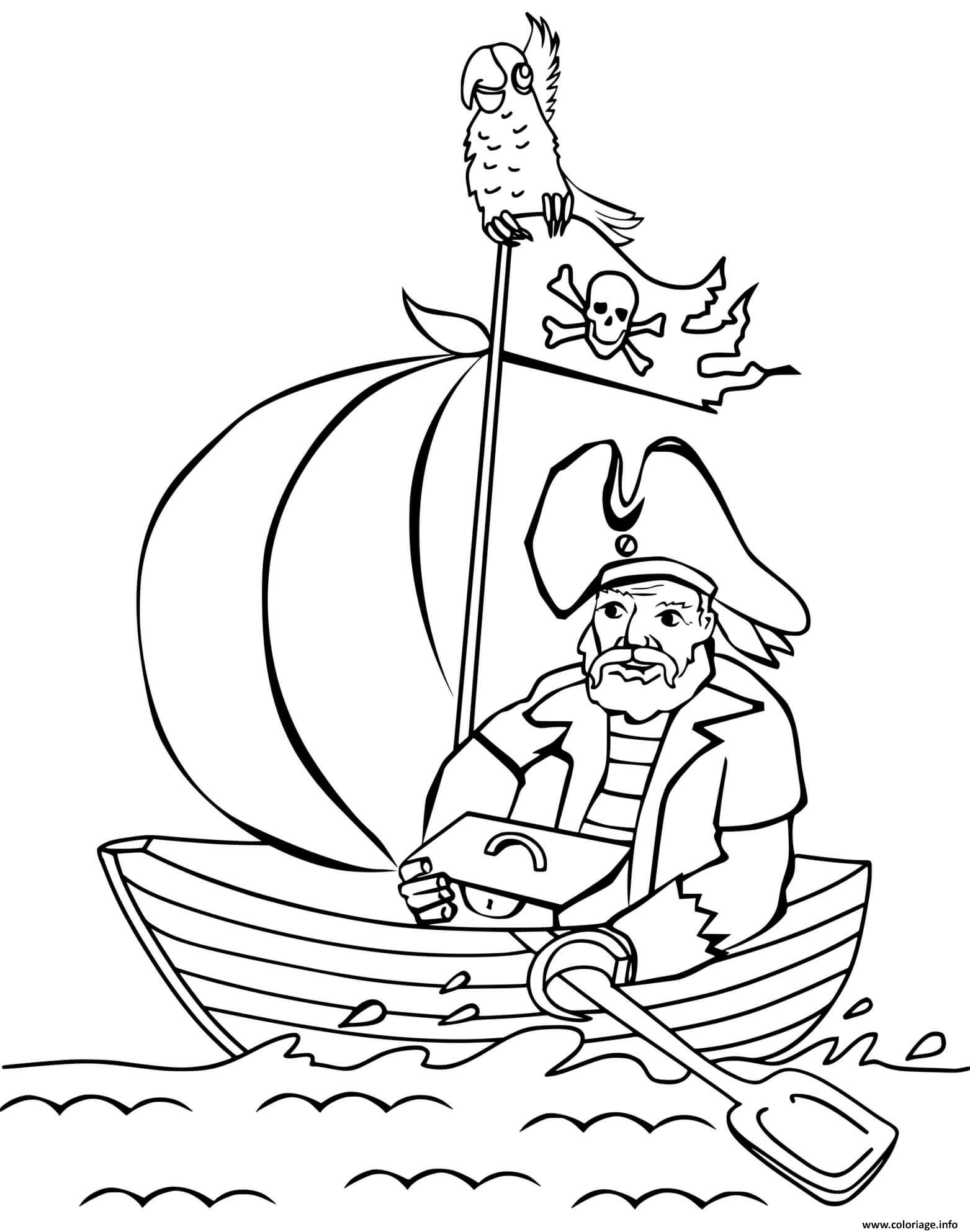 Dessin un pirate seul sur son petit bateau et son tresor Coloriage Gratuit à Imprimer