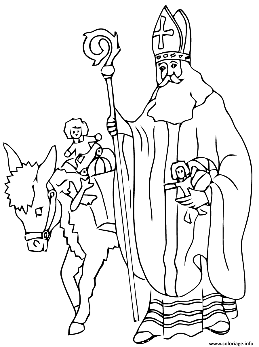 Dessin saint nicolas avec des cadeaux pour noel Coloriage Gratuit à Imprimer