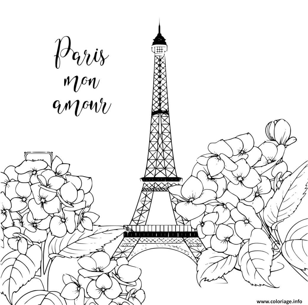 Coloriage paris mon amour fleurs et tour eiffel  JeColorie.com