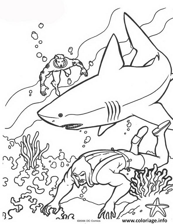 Dessin aquaman avec un requin Coloriage Gratuit à Imprimer
