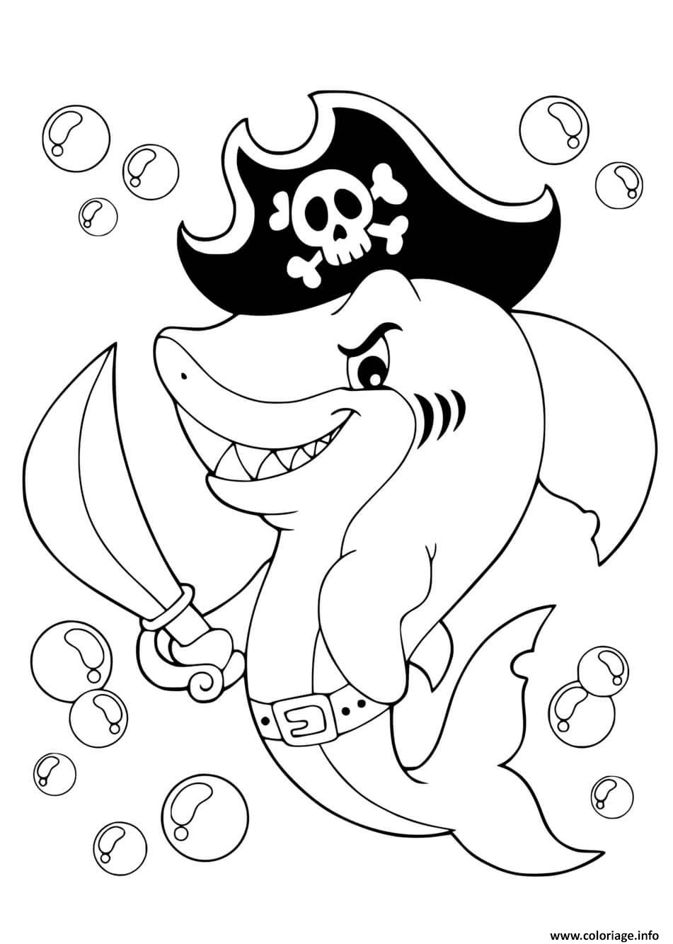 Dessin requin pirate de la mer animaux Coloriage Gratuit à Imprimer