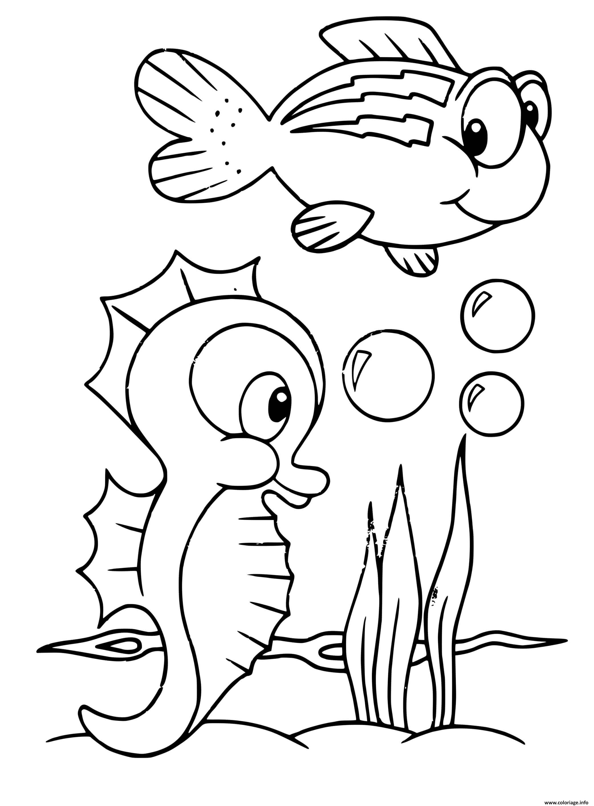 Dessin hippocampe et poisson sous la mer Coloriage Gratuit à Imprimer
