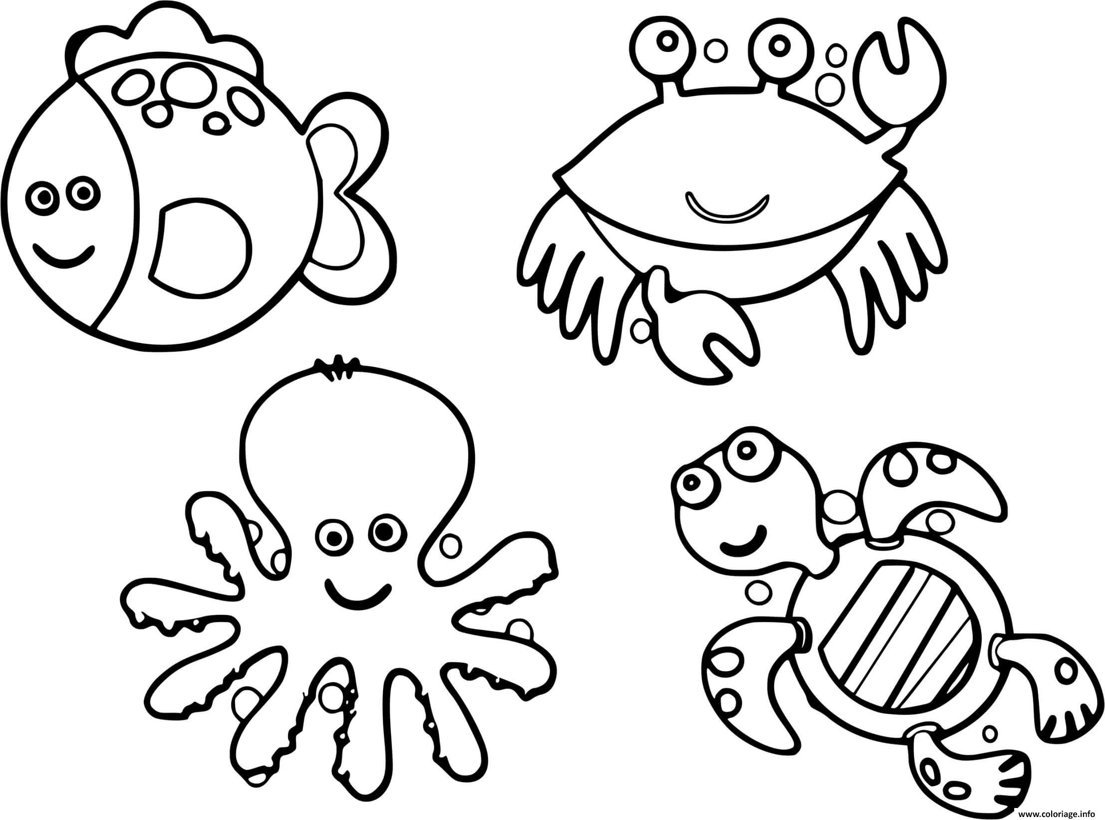 Dessin animaux aquatique poisson crabe tortue pieuvre Coloriage Gratuit à Imprimer