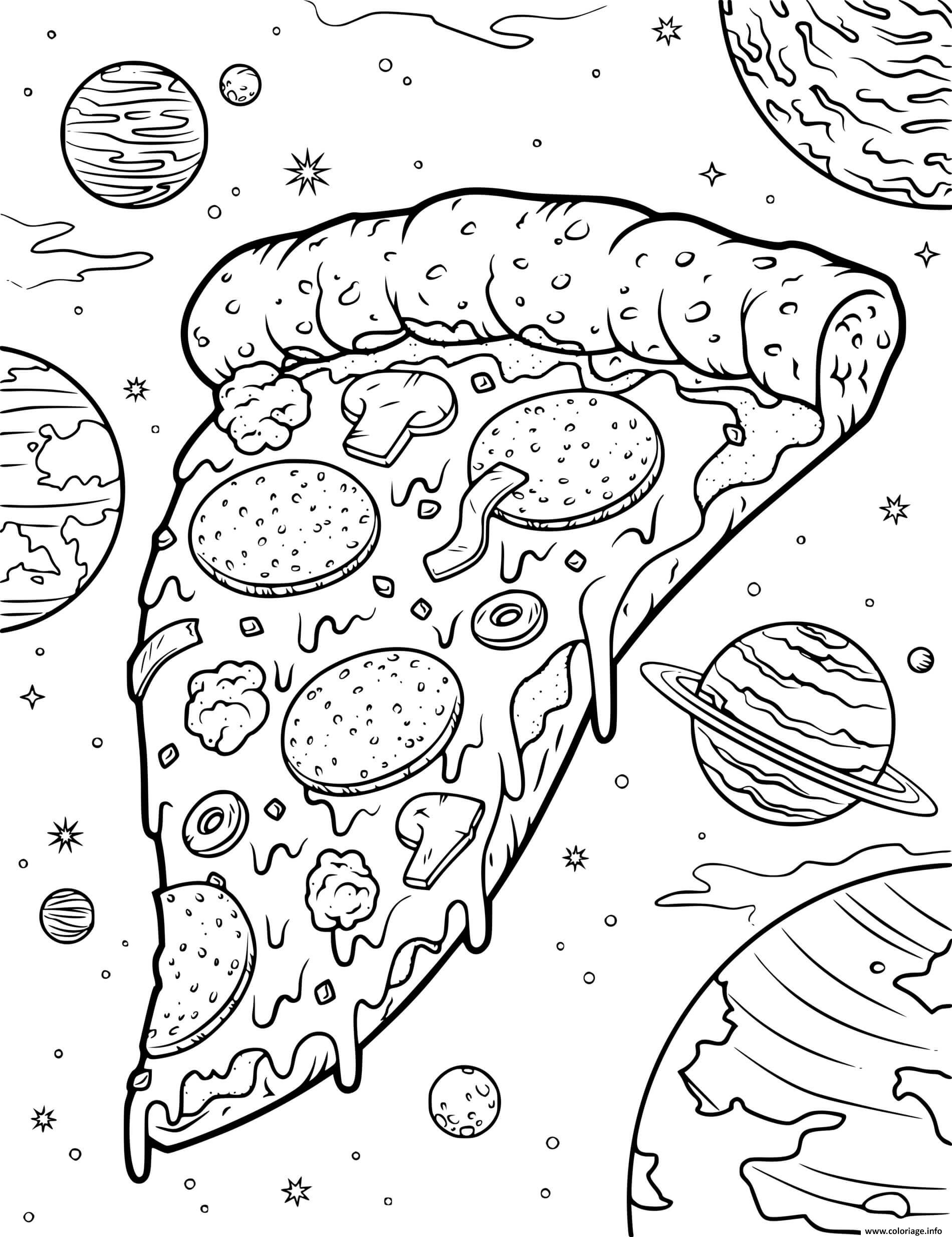 Dessin pizza champignon gromage dans lespace Coloriage Gratuit à Imprimer