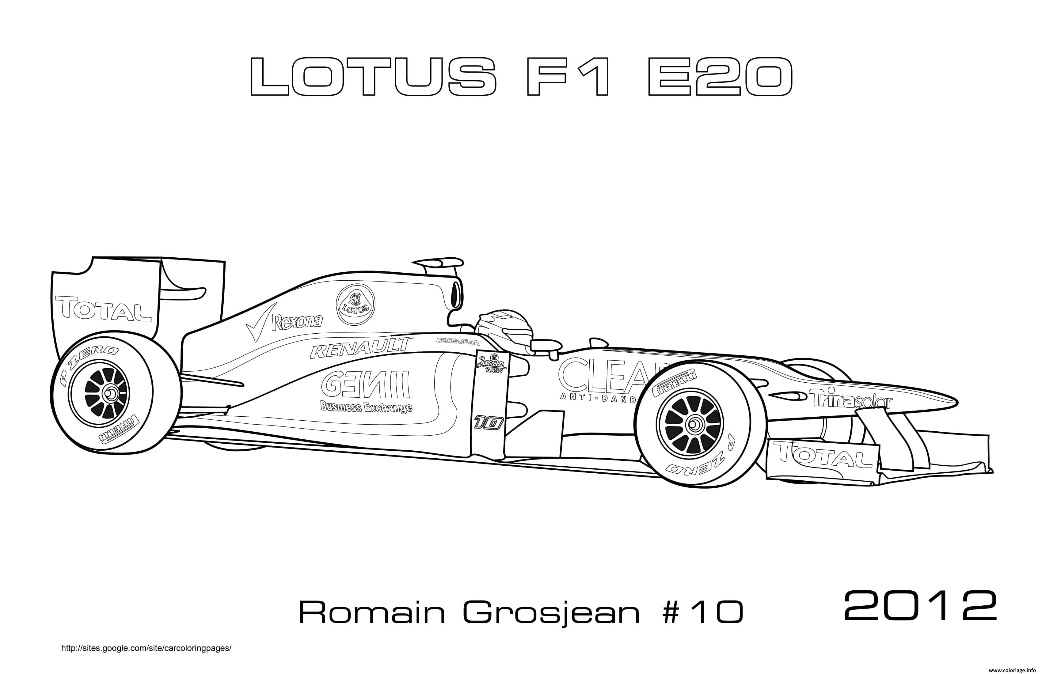 Dessin Formule 1 Voiture Lotus E20 Romain Grosjean 2012 Coloriage Gratuit à Imprimer