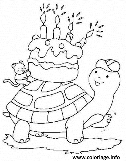 Dessin tortue porte un gateau d anniversaire Coloriage Gratuit à Imprimer