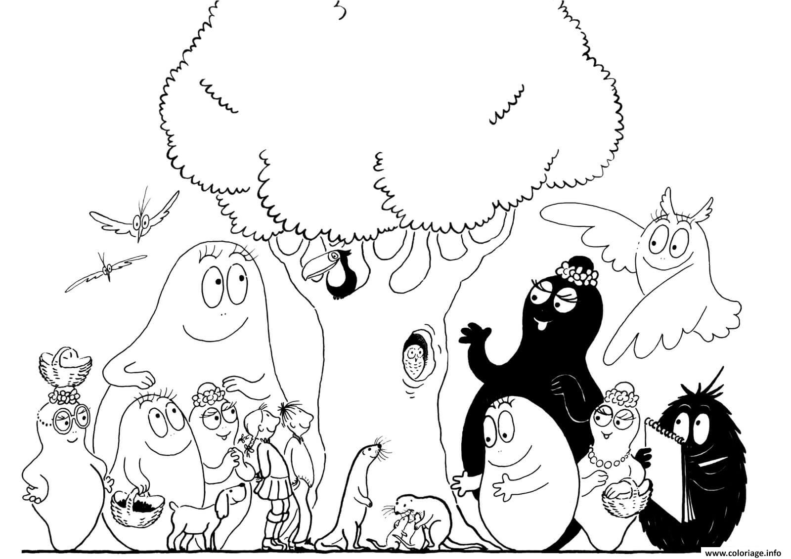 Dessin tous les personnages de barbapapa autour dun arbre Coloriage Gratuit à Imprimer