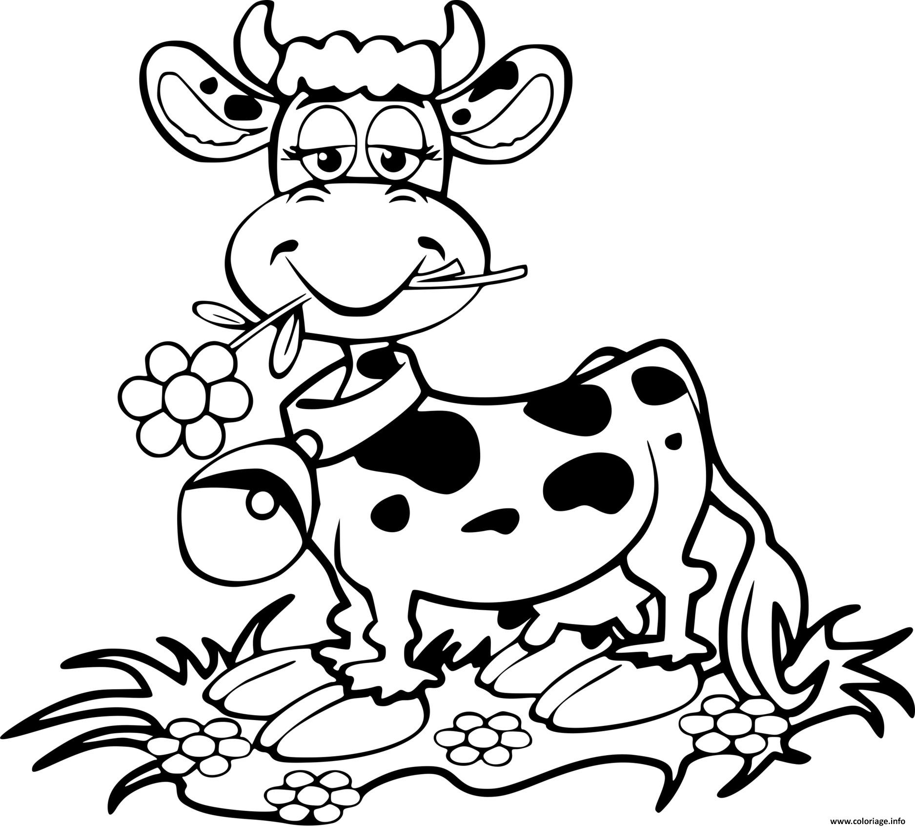 Coloriage vache rigolote avec une fleur et une cloche - JeColorie.com