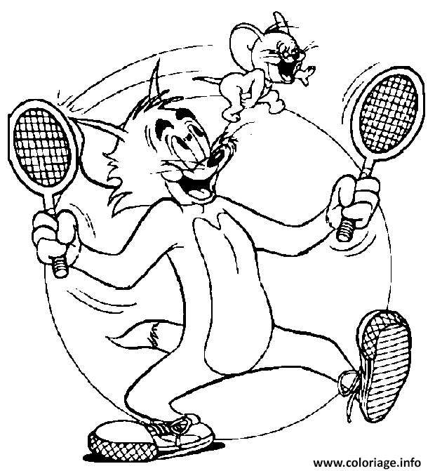 Dessin Tom joue au tennis avec Jerry comme balle Coloriage Gratuit à Imprimer