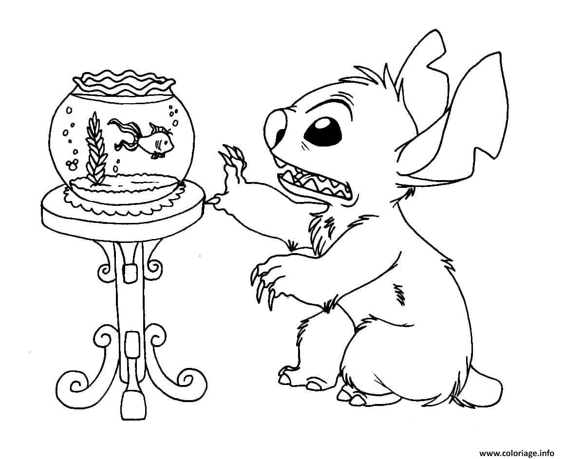 Dessin stitch regarde un poisson rouge Coloriage Gratuit à Imprimer