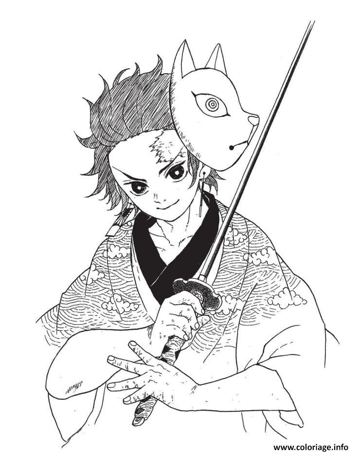 Dessin Tanjiro with mask and sword demon slayer Coloriage Gratuit à Imprimer