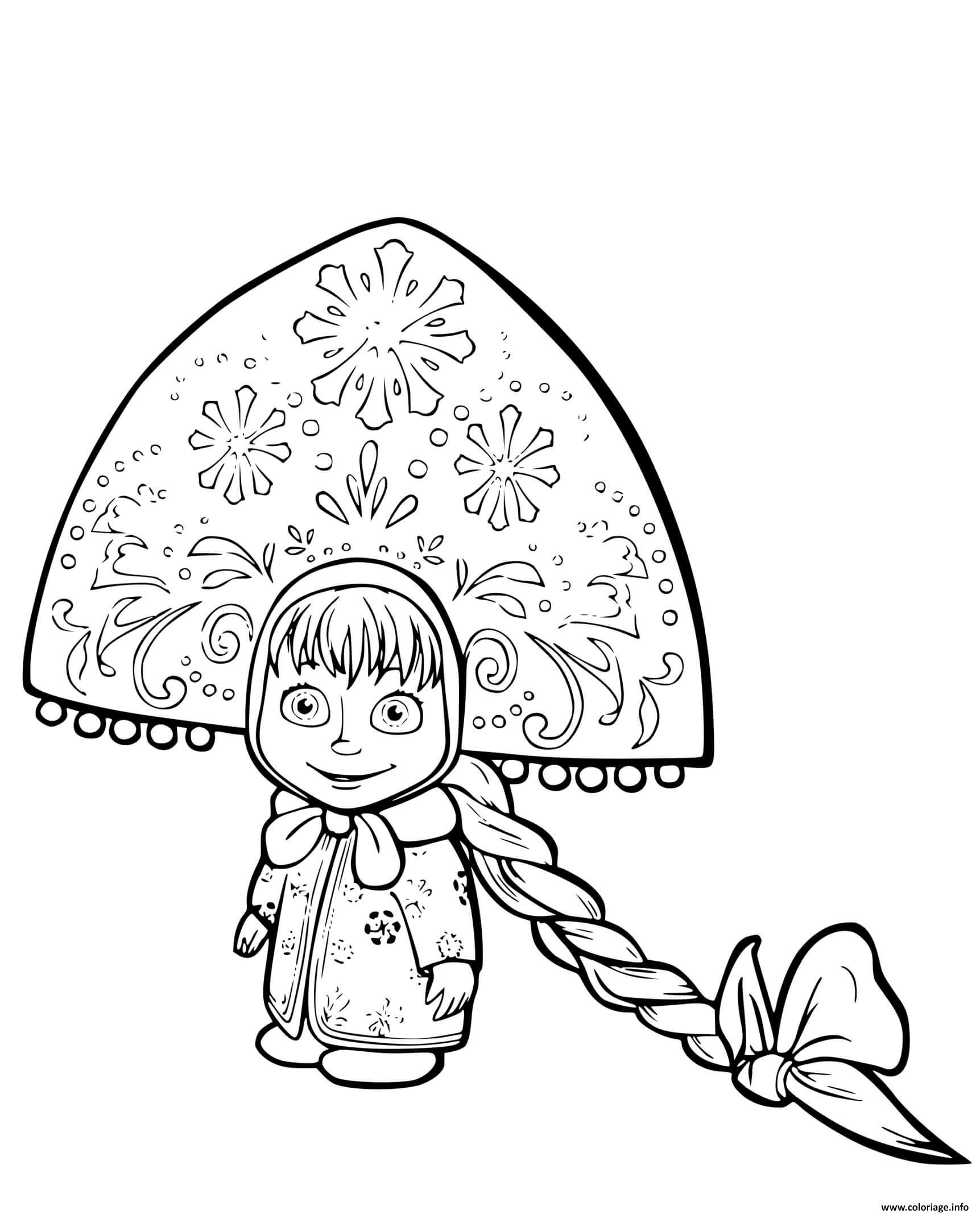 Dessin Masha dans une grande et belle kokoshnik Coloriage Gratuit à Imprimer