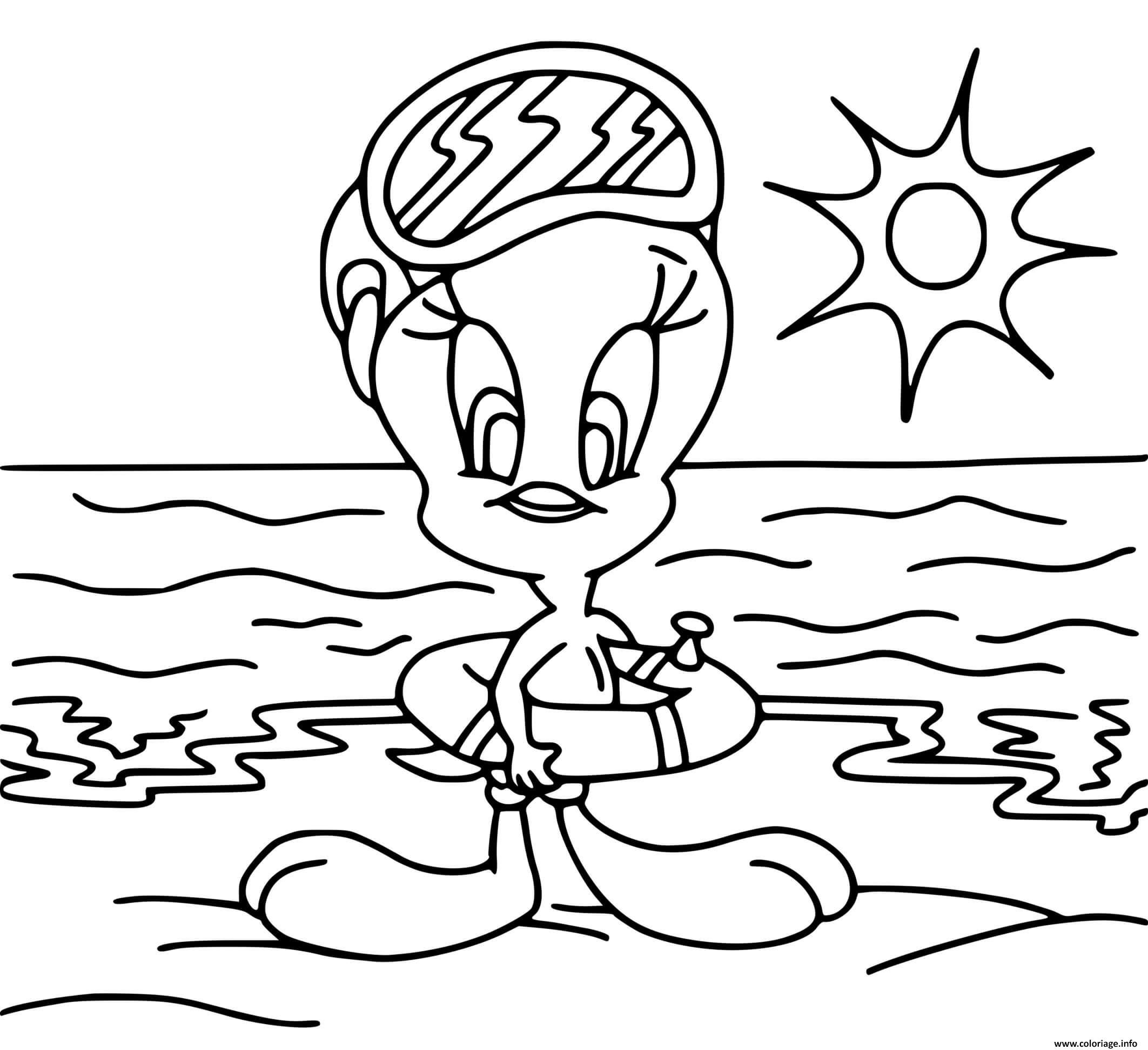 Dessin titi looney tunes a la plage en vacance Coloriage Gratuit à Imprimer