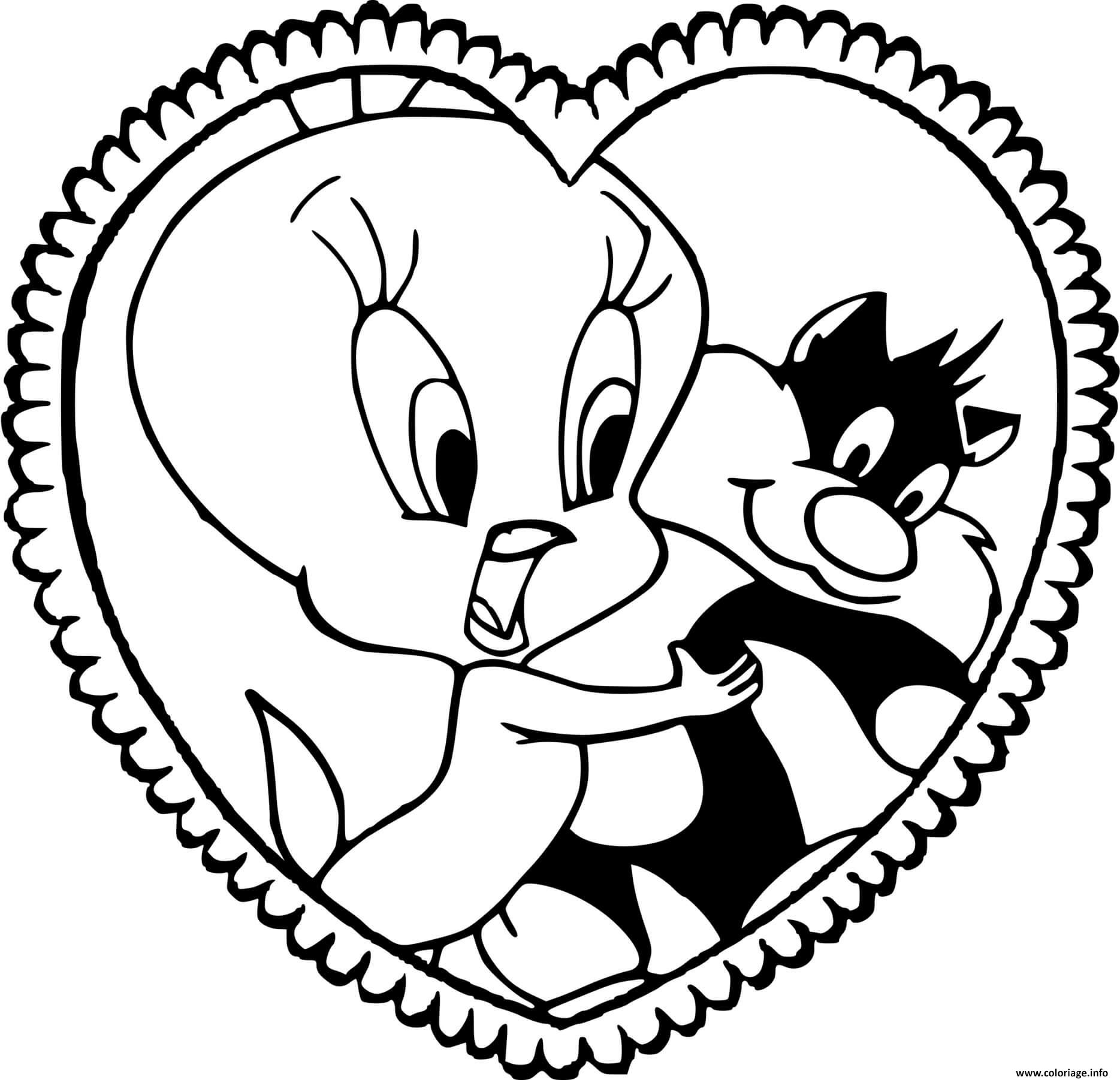 Dessin st valentin Titi et Grosminet dans un coeur Coloriage Gratuit à Imprimer