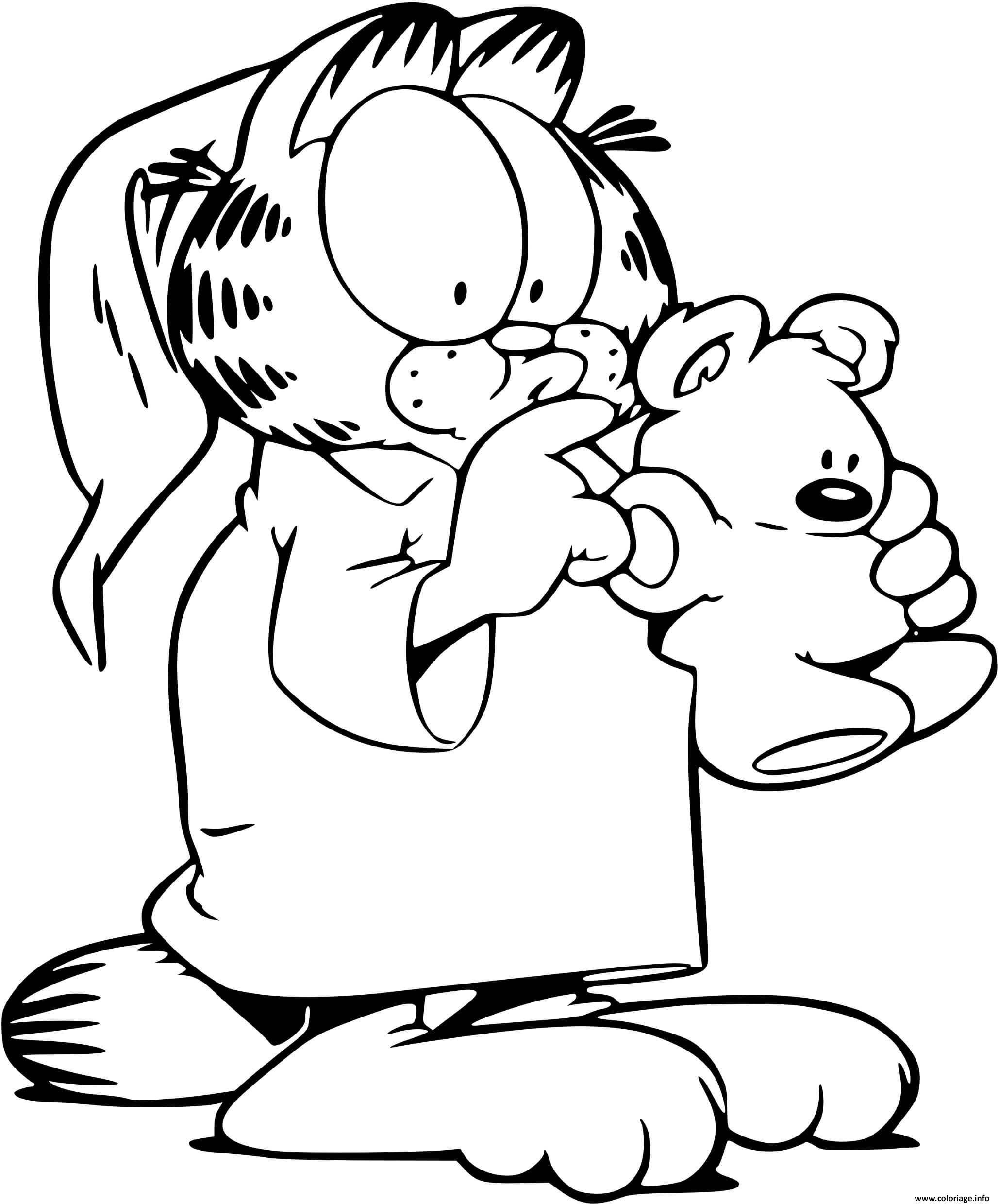Dessin Garfield en pyjama avec son ours en peluche Coloriage Gratuit à Imprimer
