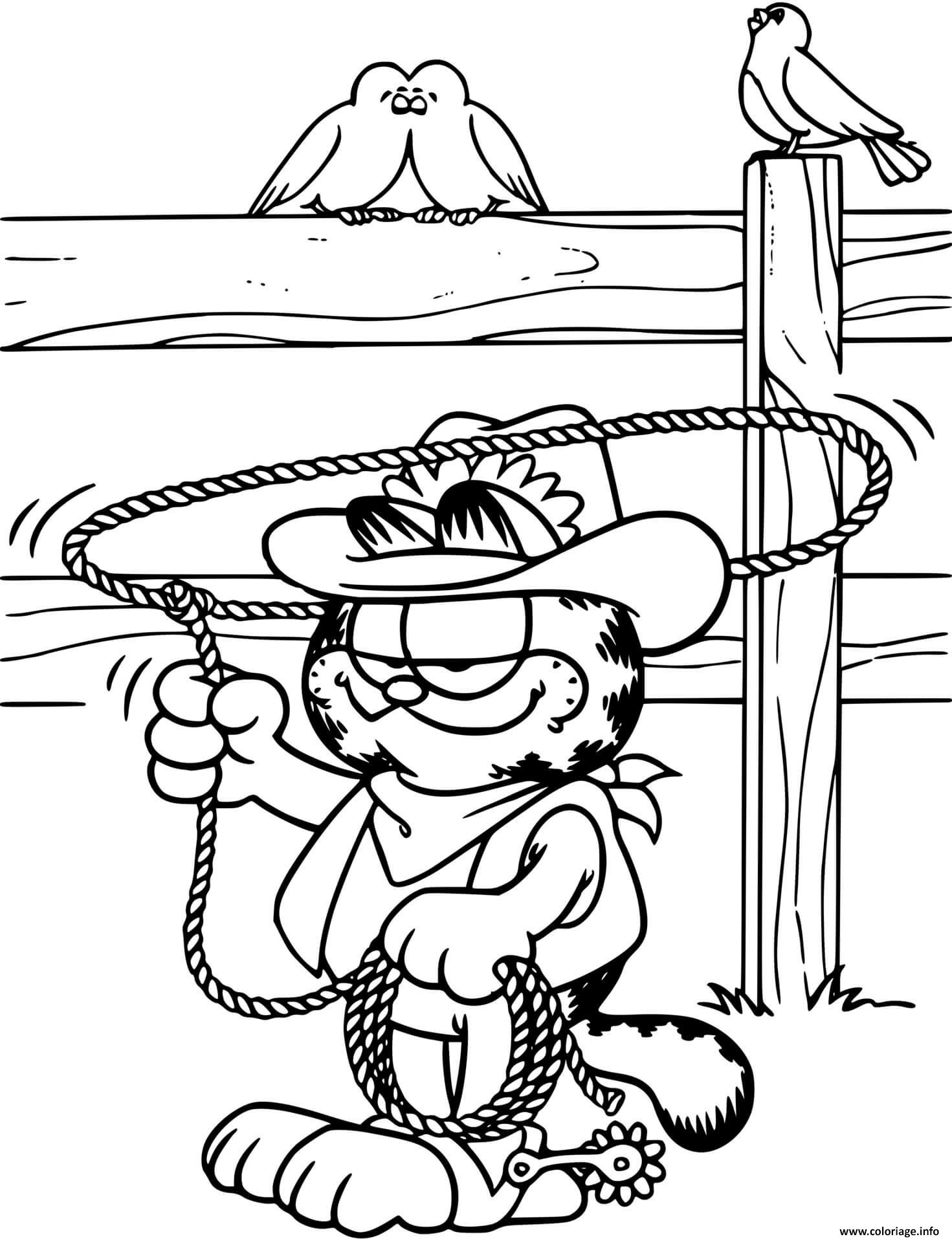 Coloriage Garfield En Cowboy Avec Son Lasso Dessin à Imprimer