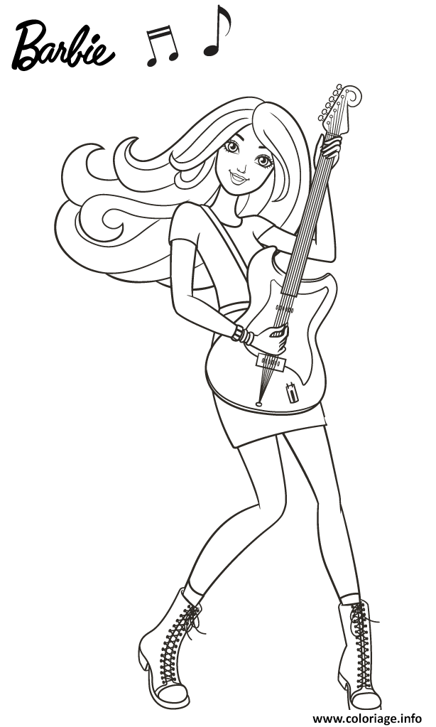 Dessin barbie joue de la musique avec sa guitare Coloriage Gratuit à Imprimer