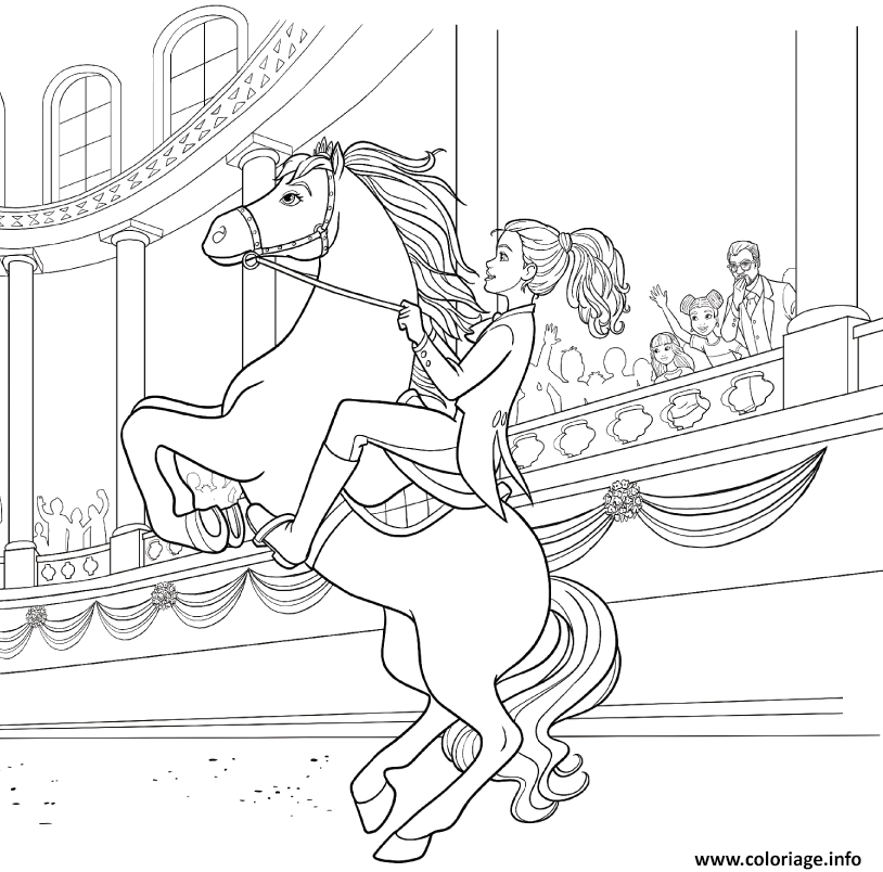 Dessin barbie princesse fait un galop avec son cheval lors de la competition equitation Coloriage Gratuit à Imprimer