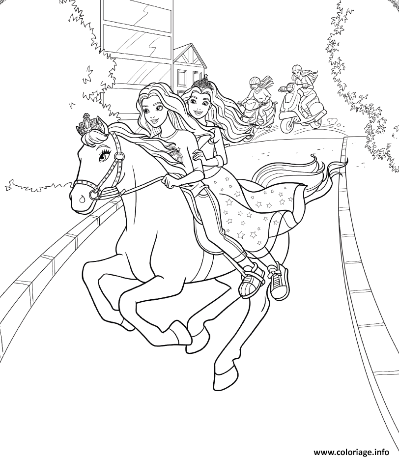 Dessin equipe de princesse avec cheval et barbie font une course Coloriage Gratuit à Imprimer