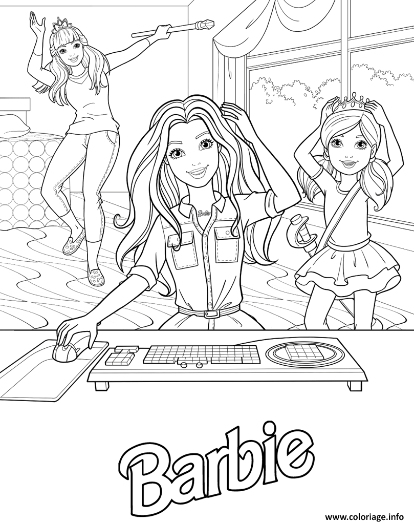 Dessin barbie princesse et ses petites soeurs devant un ordinateur Coloriage Gratuit à Imprimer