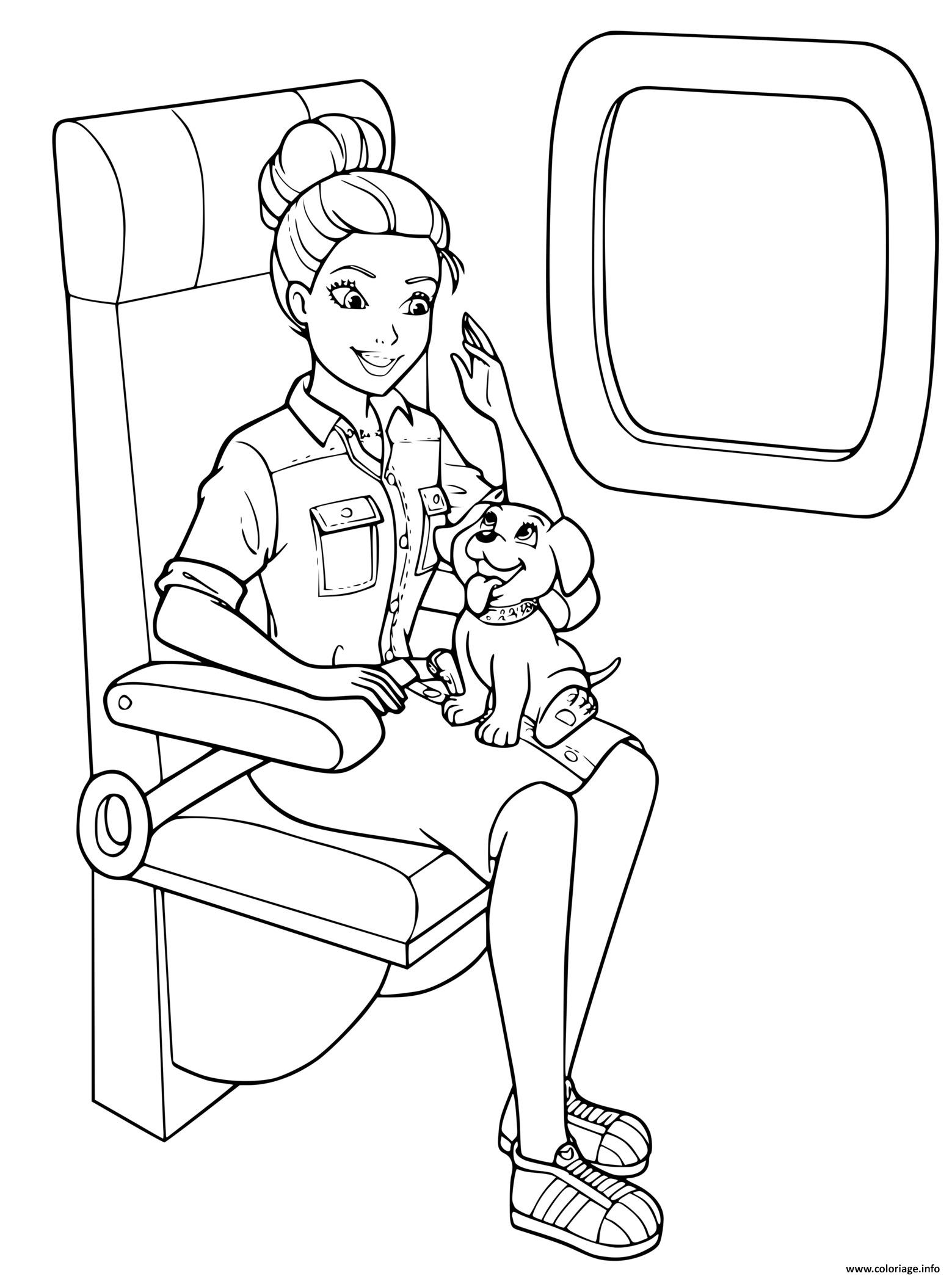 Dessin barbie princesse dans un avion avec son chien Coloriage Gratuit à Imprimer