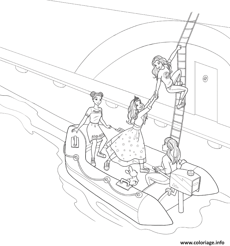 Dessin princesse barbie stacie et barbie midge sortent du bateau Coloriage Gratuit à Imprimer