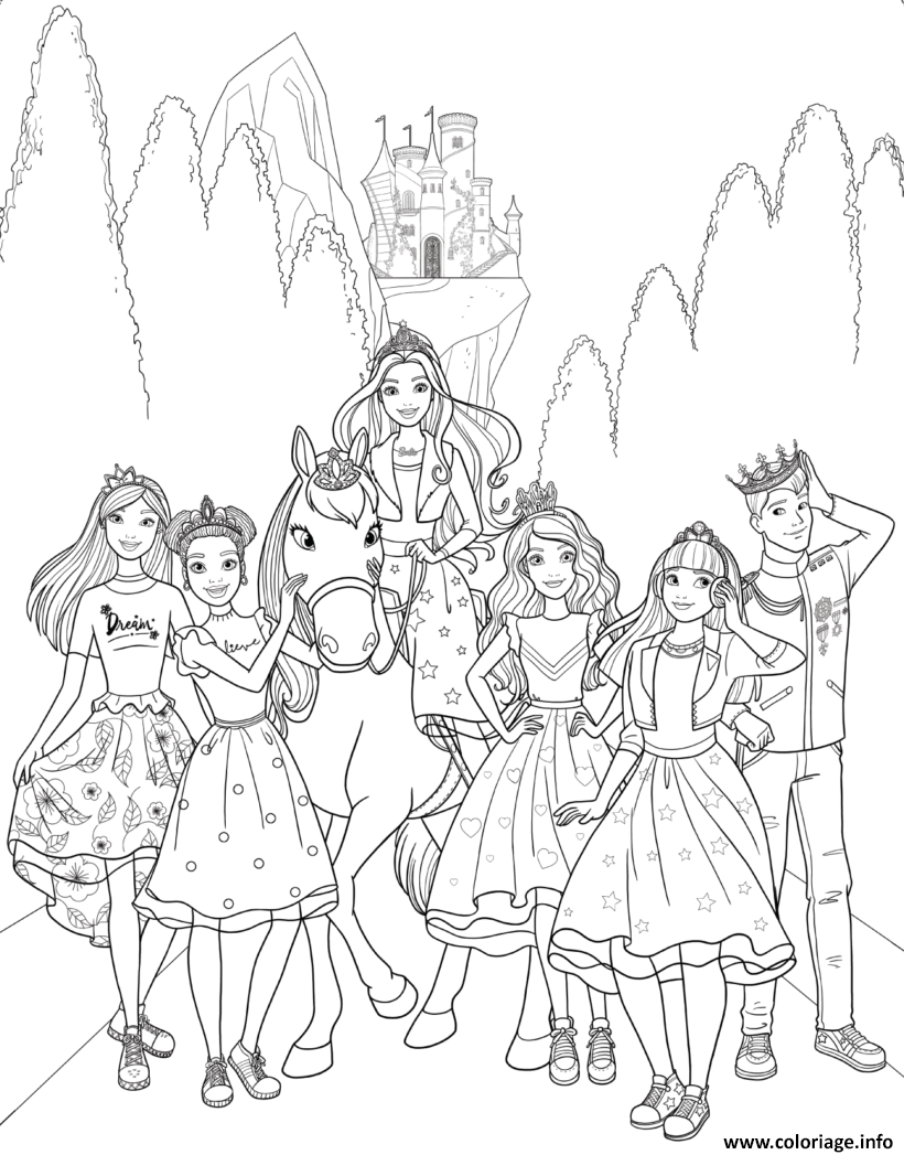 Dessin barbie princesse et ses amies avec le prince Coloriage Gratuit à Imprimer