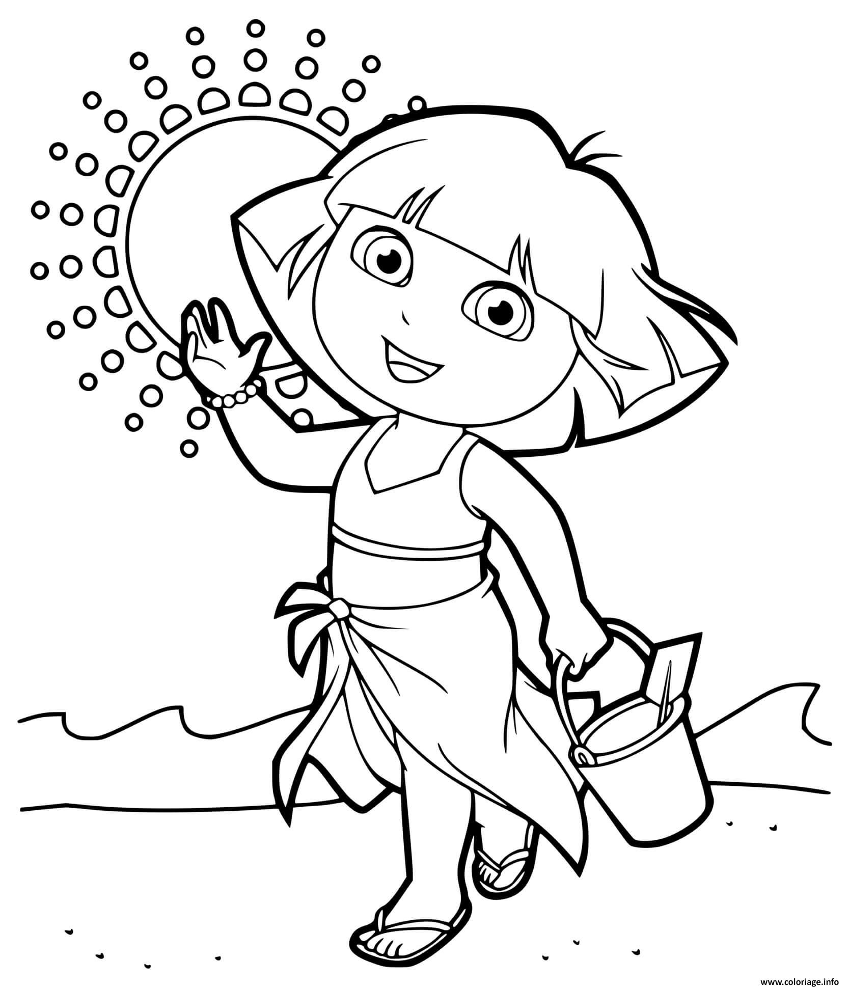 Dessin dora marche sur la plage en vacances Coloriage Gratuit à Imprimer