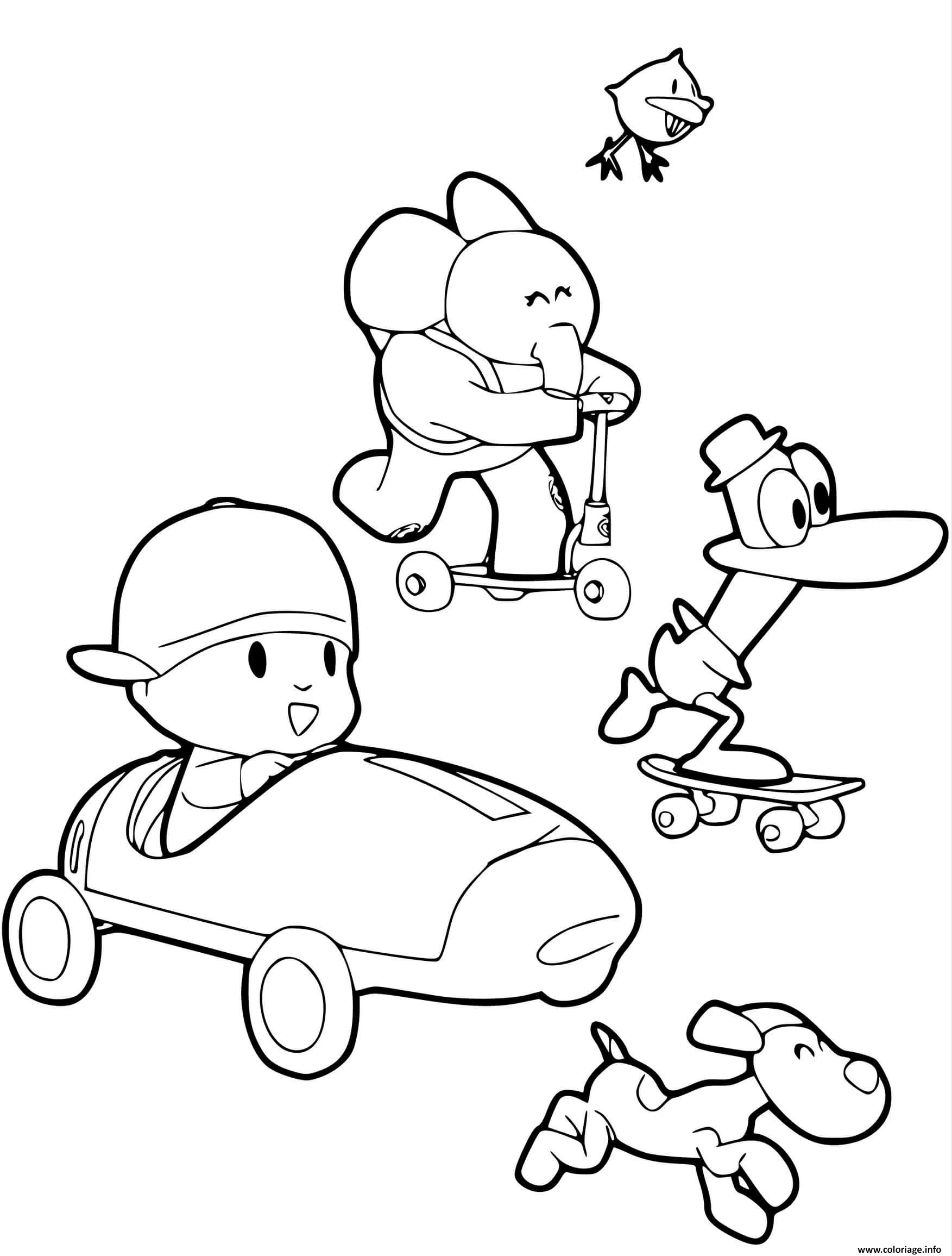 Dessin pocoyo fait une course avec ses amis Coloriage Gratuit à Imprimer