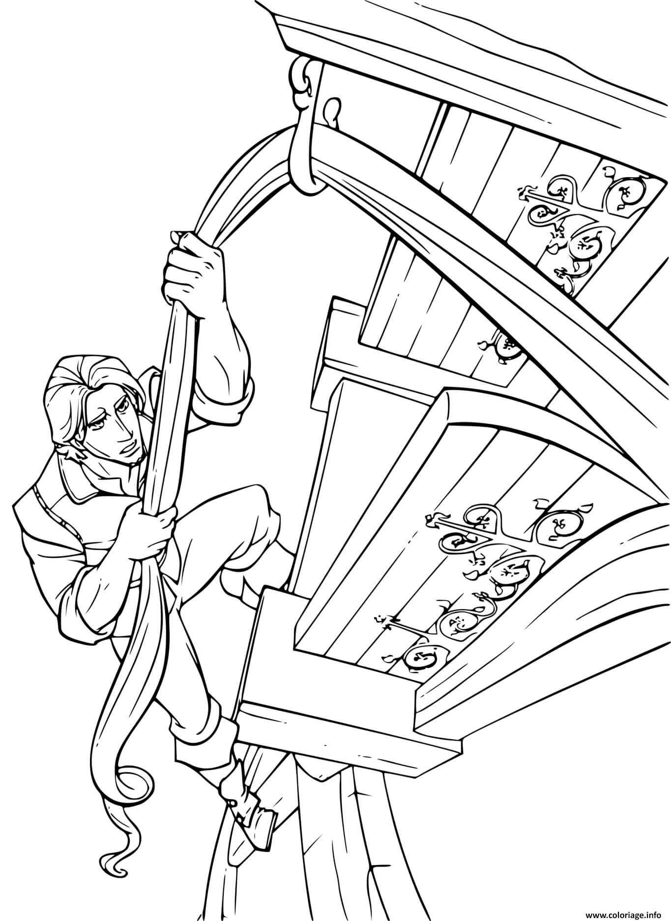 Dessin flynn rider escalade la tour avec les cheveux de raiponce Coloriage Gratuit à Imprimer