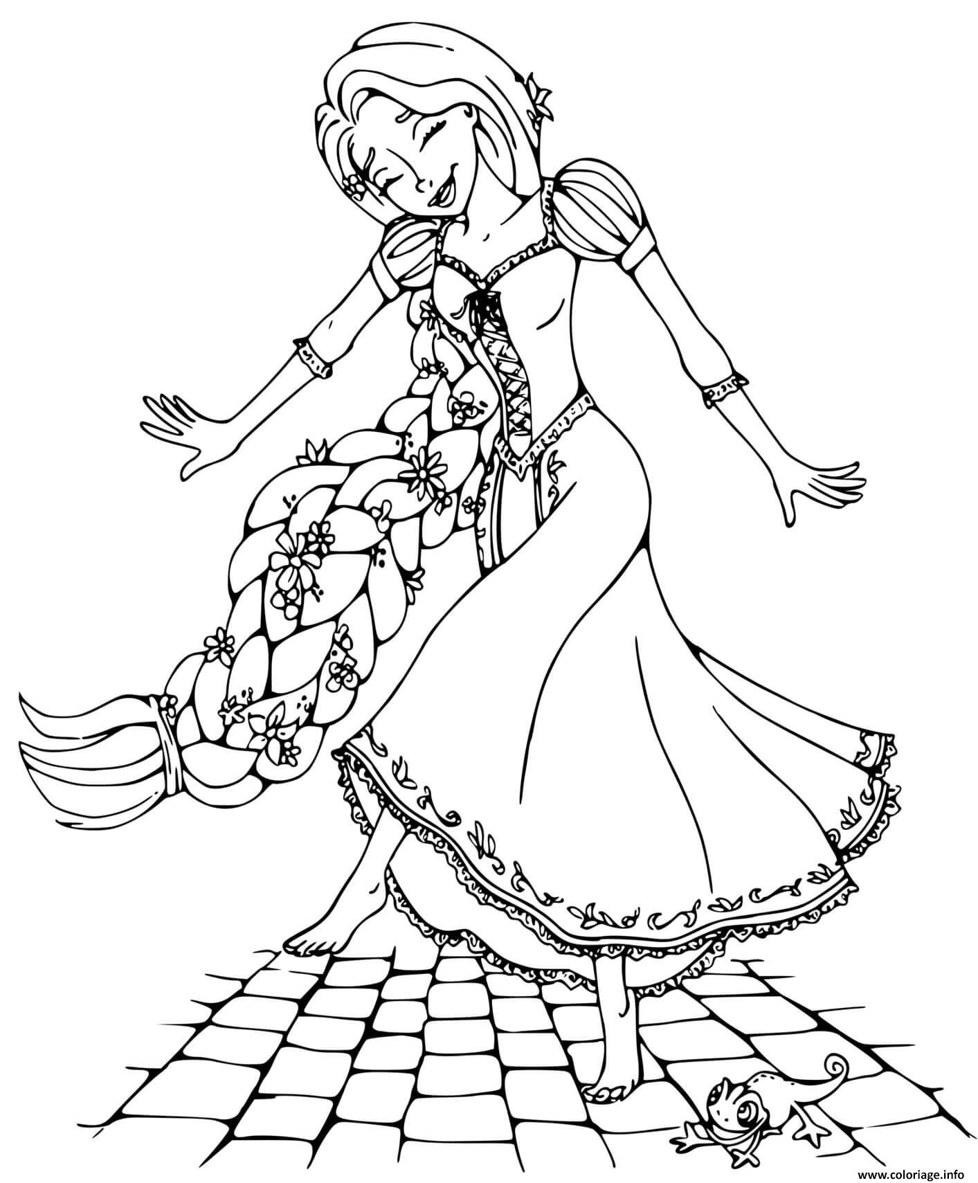 Dessin raiponce danse pied nu avec ses 70 pieds de cheveux Coloriage Gratuit à Imprimer