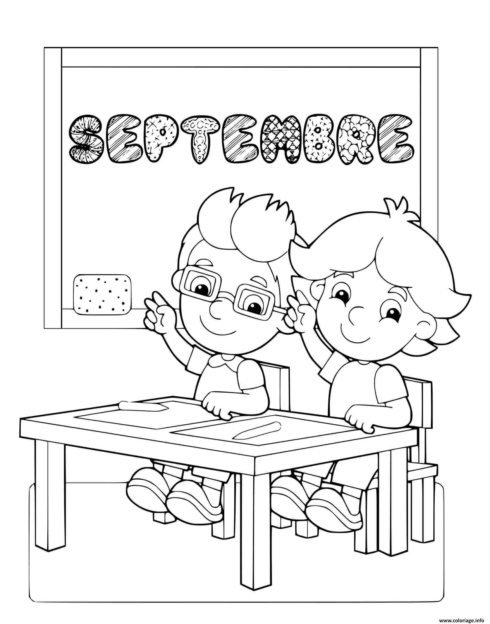 Coloriage Septembre Etudiants Ecole Maternelle Fille Garcon Dessin à Imprimer