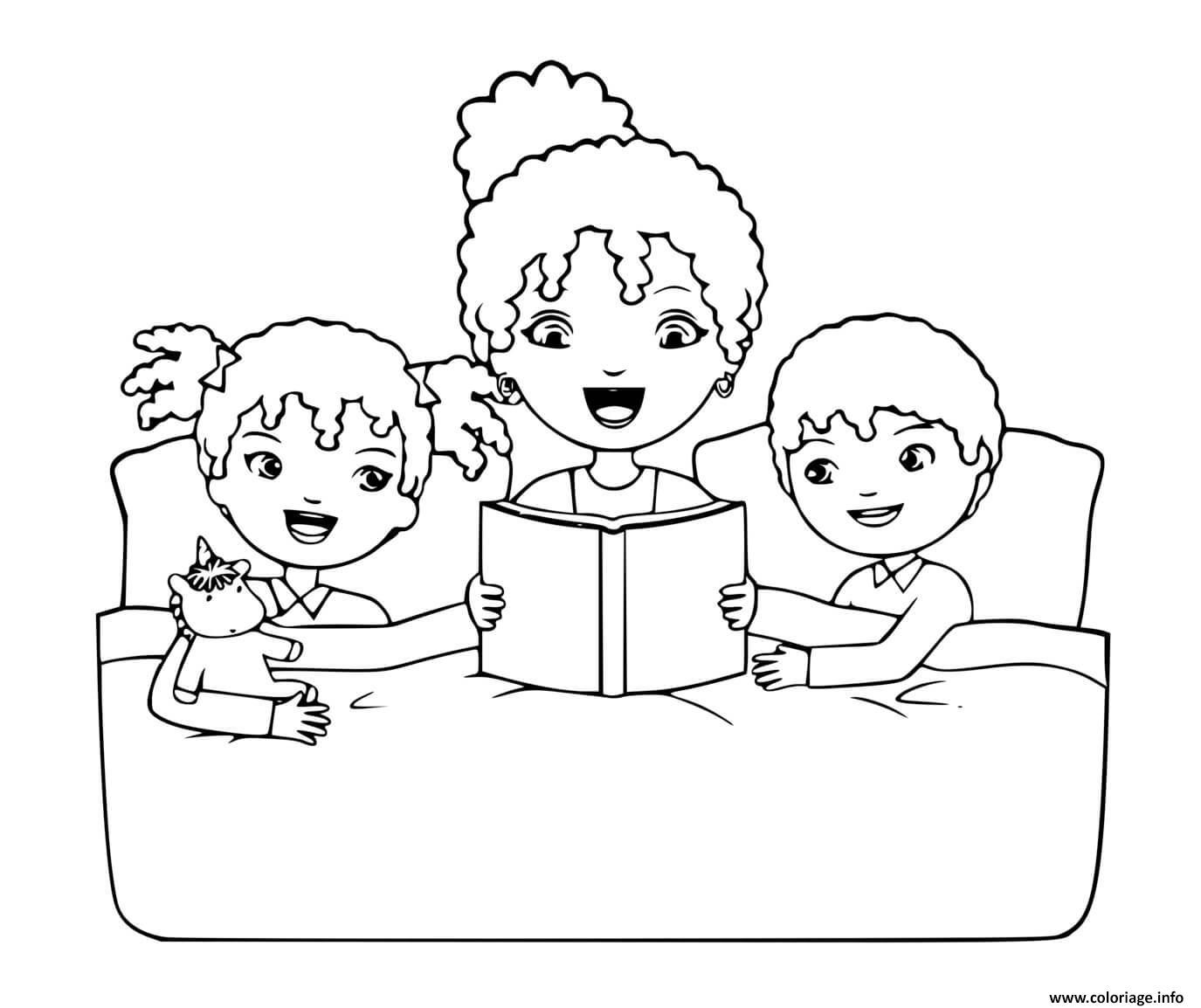 Dessin une mere et ses deux enfants lecture avant de dormir Coloriage Gratuit à Imprimer