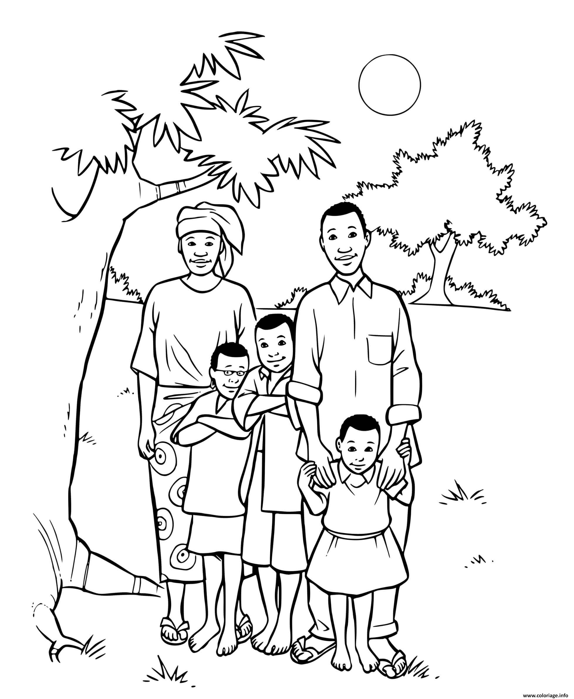 Dessin famille africaine avec trois enfants Coloriage Gratuit à Imprimer