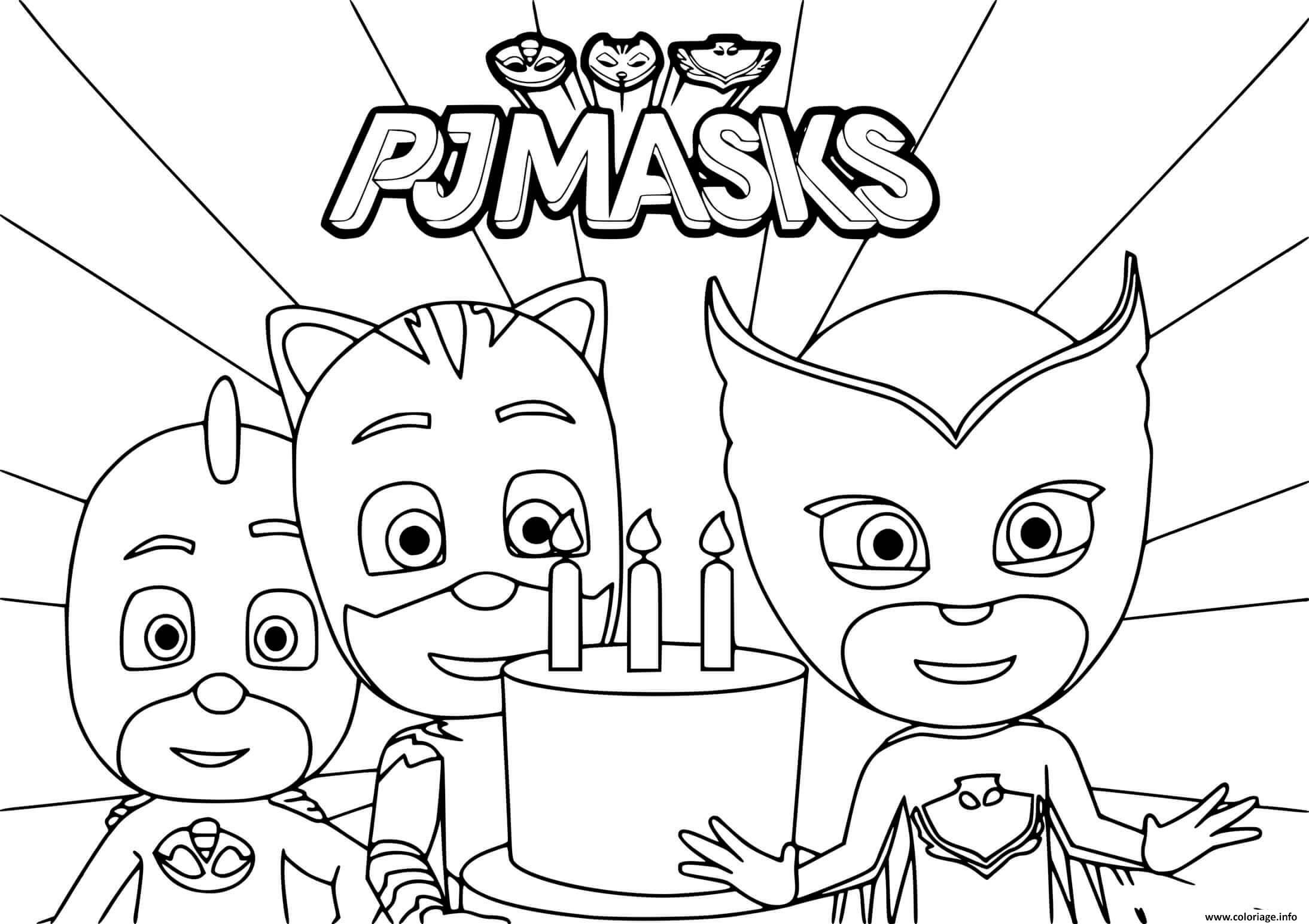 Dessin PJ Masks joyeux anniversaire les amis Coloriage Gratuit à Imprimer