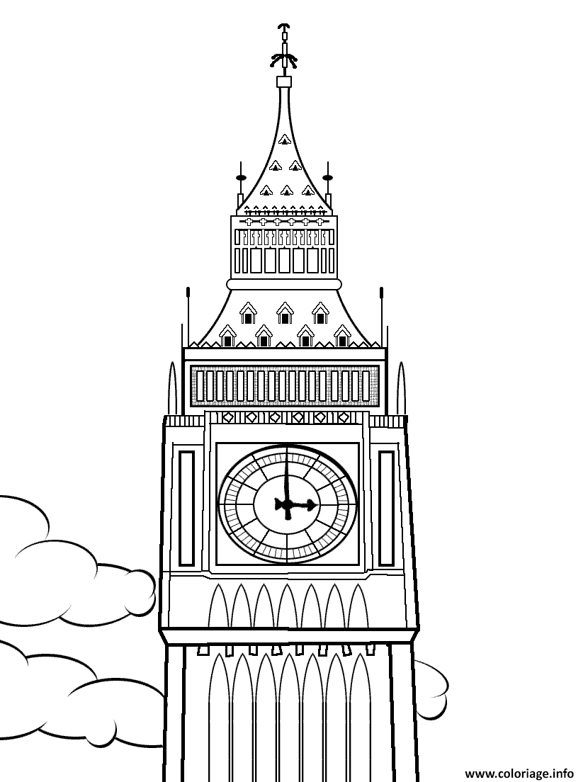 Dessin sommet de la tour horloge du palais de Westminster Coloriage Gratuit à Imprimer
