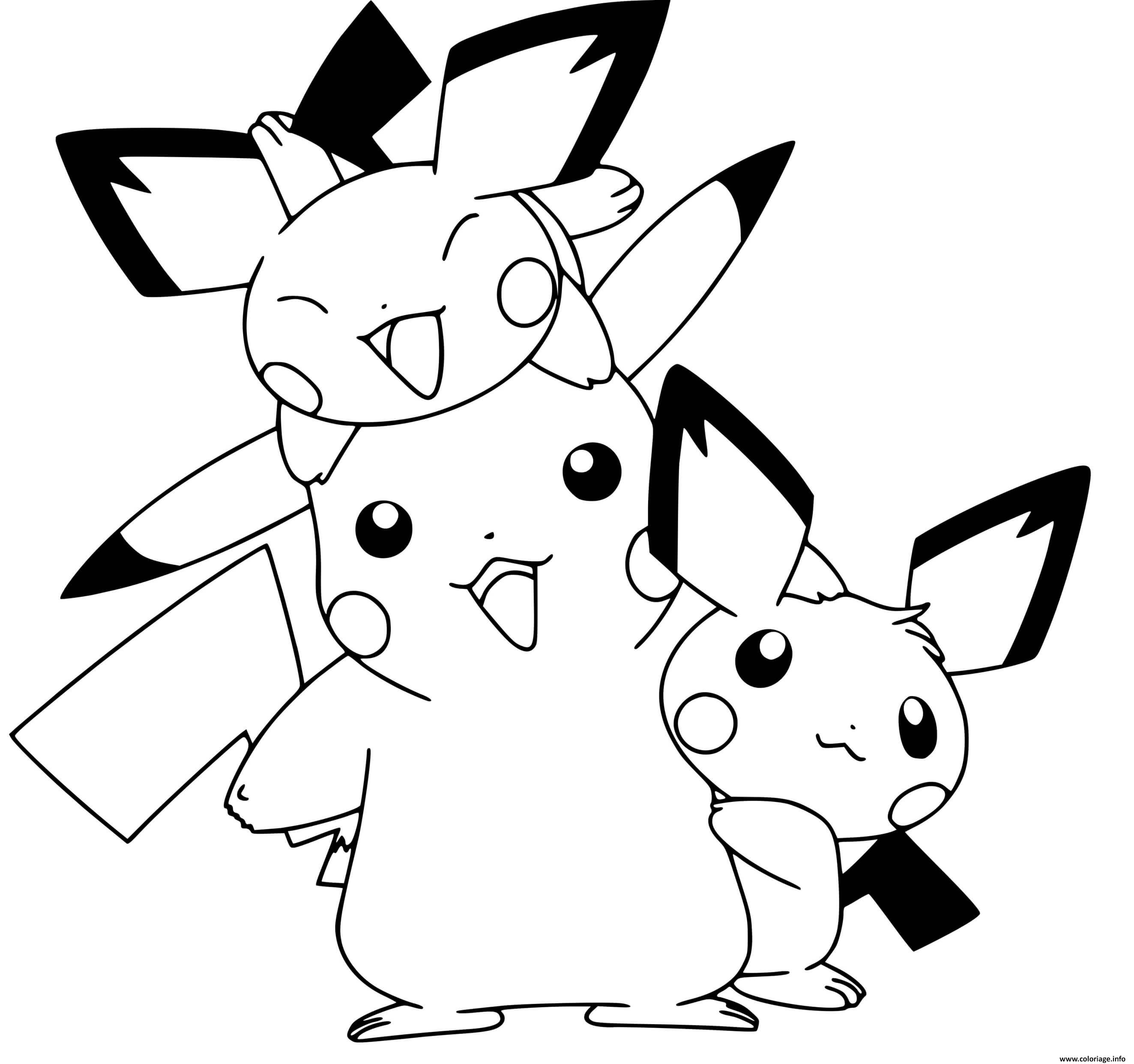 Dessin pikachu mignon avec ses cousins pikachus Coloriage Gratuit à Imprimer