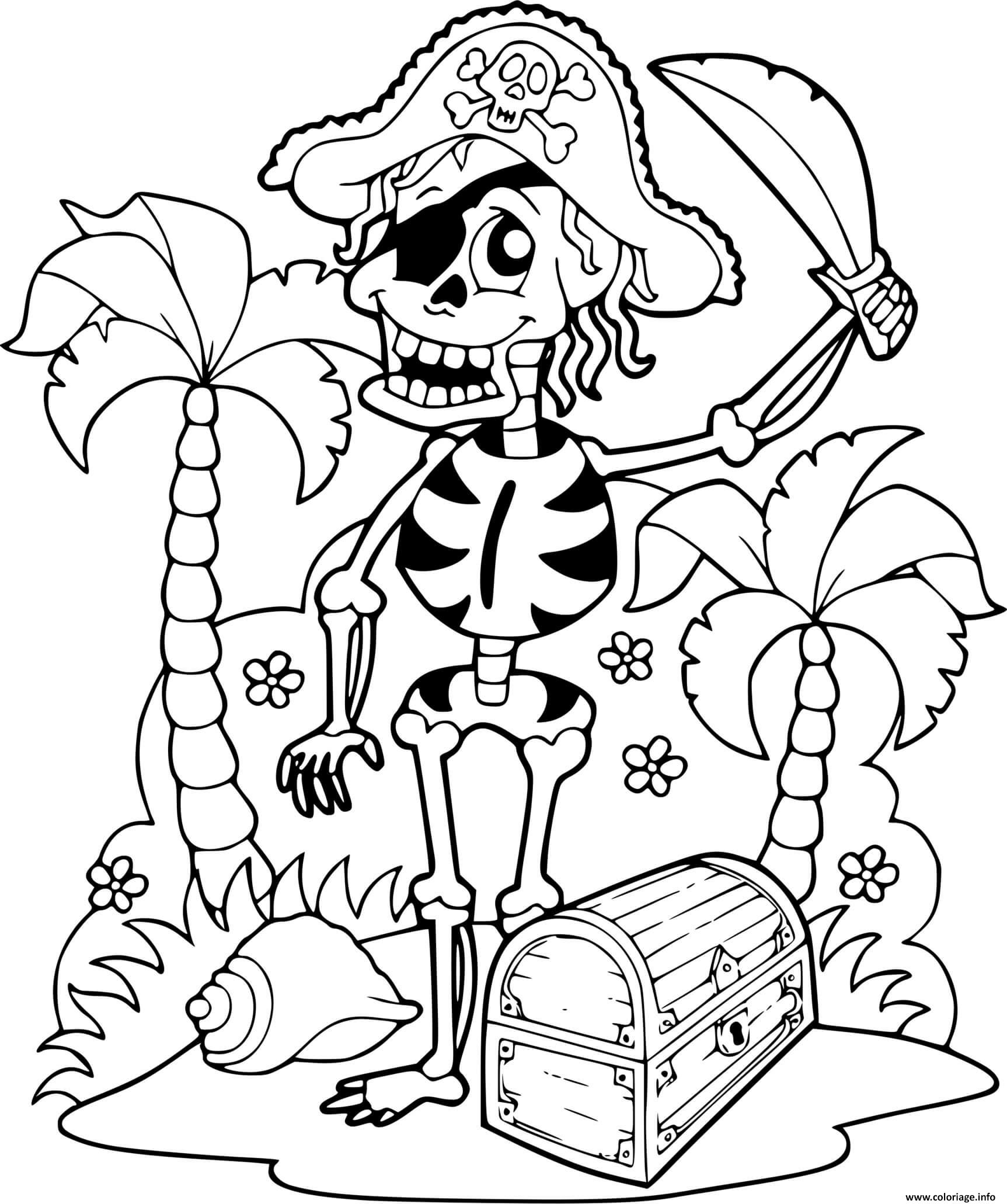 Dessin squelette pirate sur une ile avec un tresor Coloriage Gratuit à Imprimer