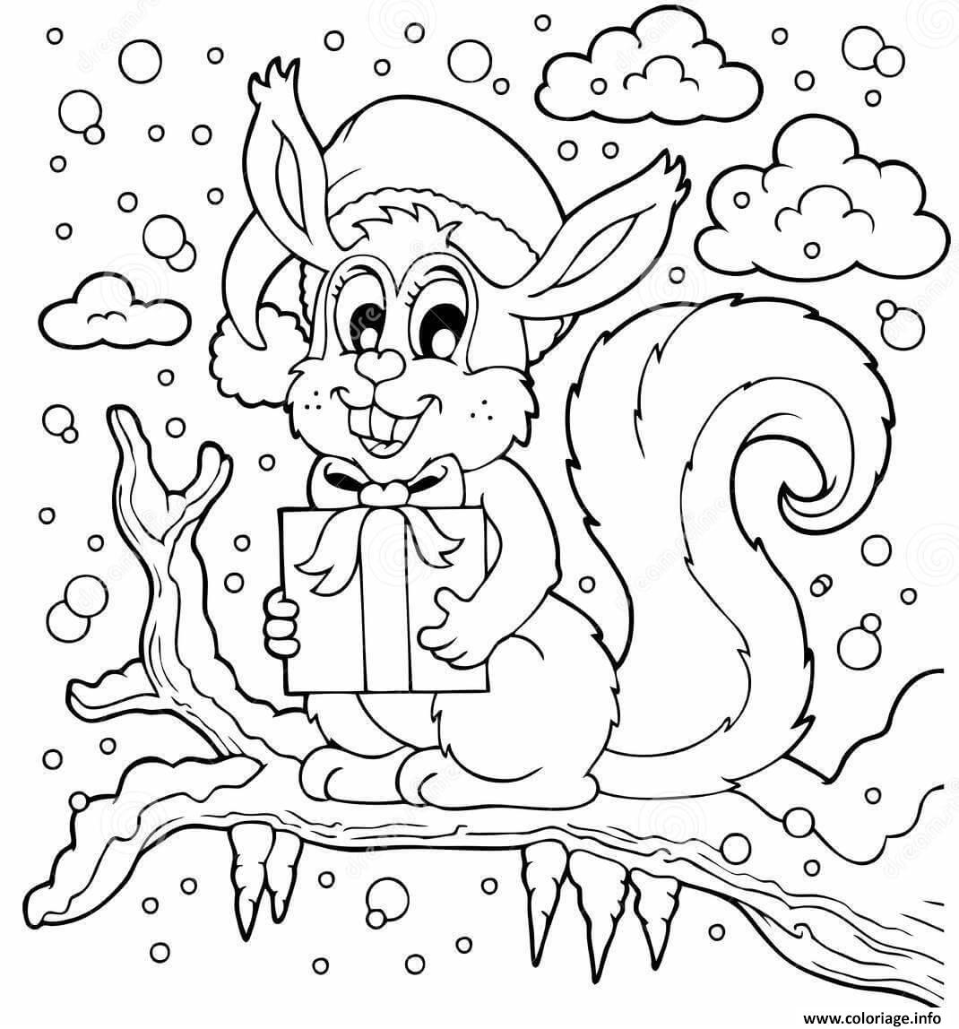 Dessin ecureuil de noel sur un arbre en hiver Coloriage Gratuit à Imprimer