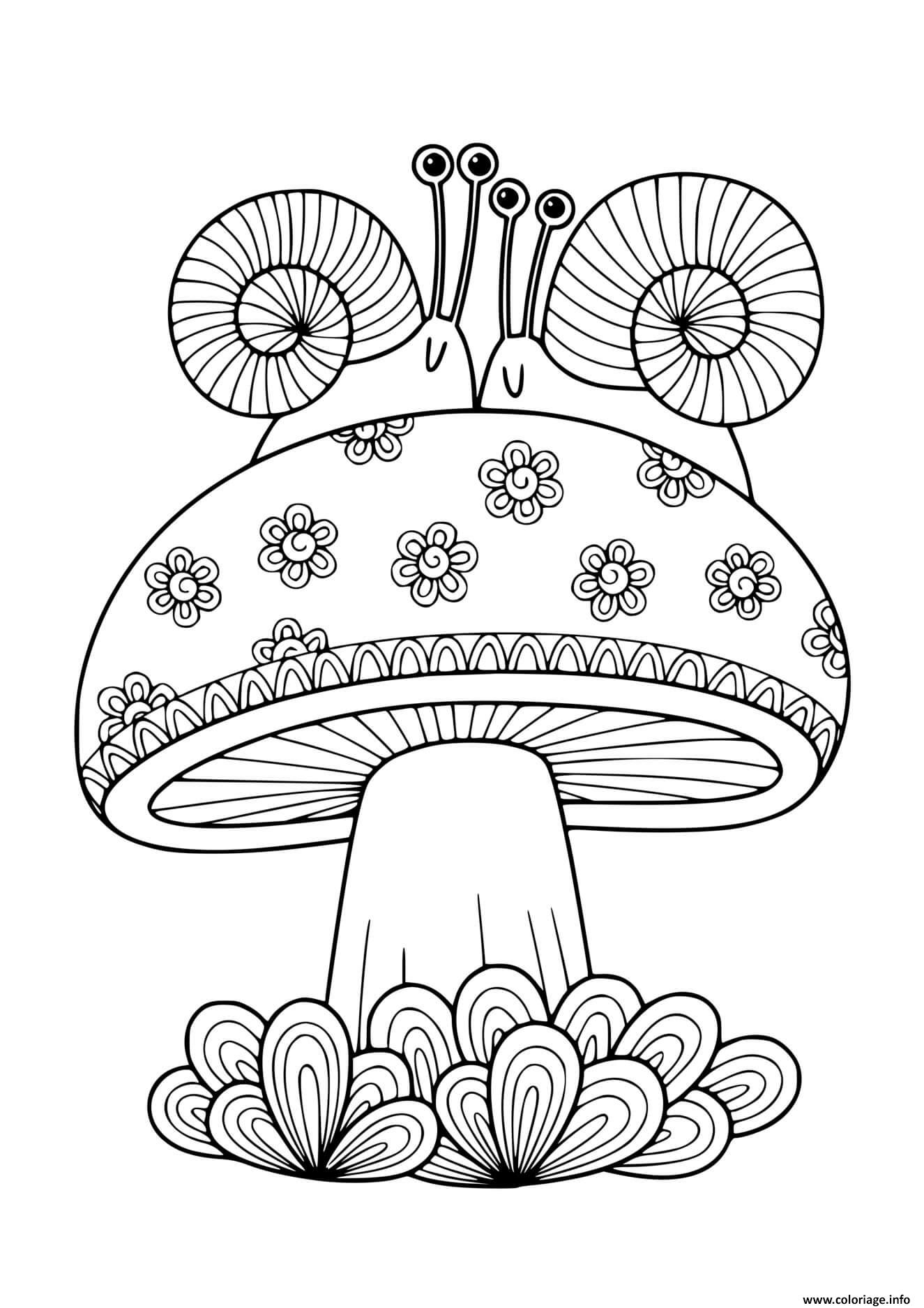 Dessin champignon adulte avec deux escargots Coloriage Gratuit à Imprimer