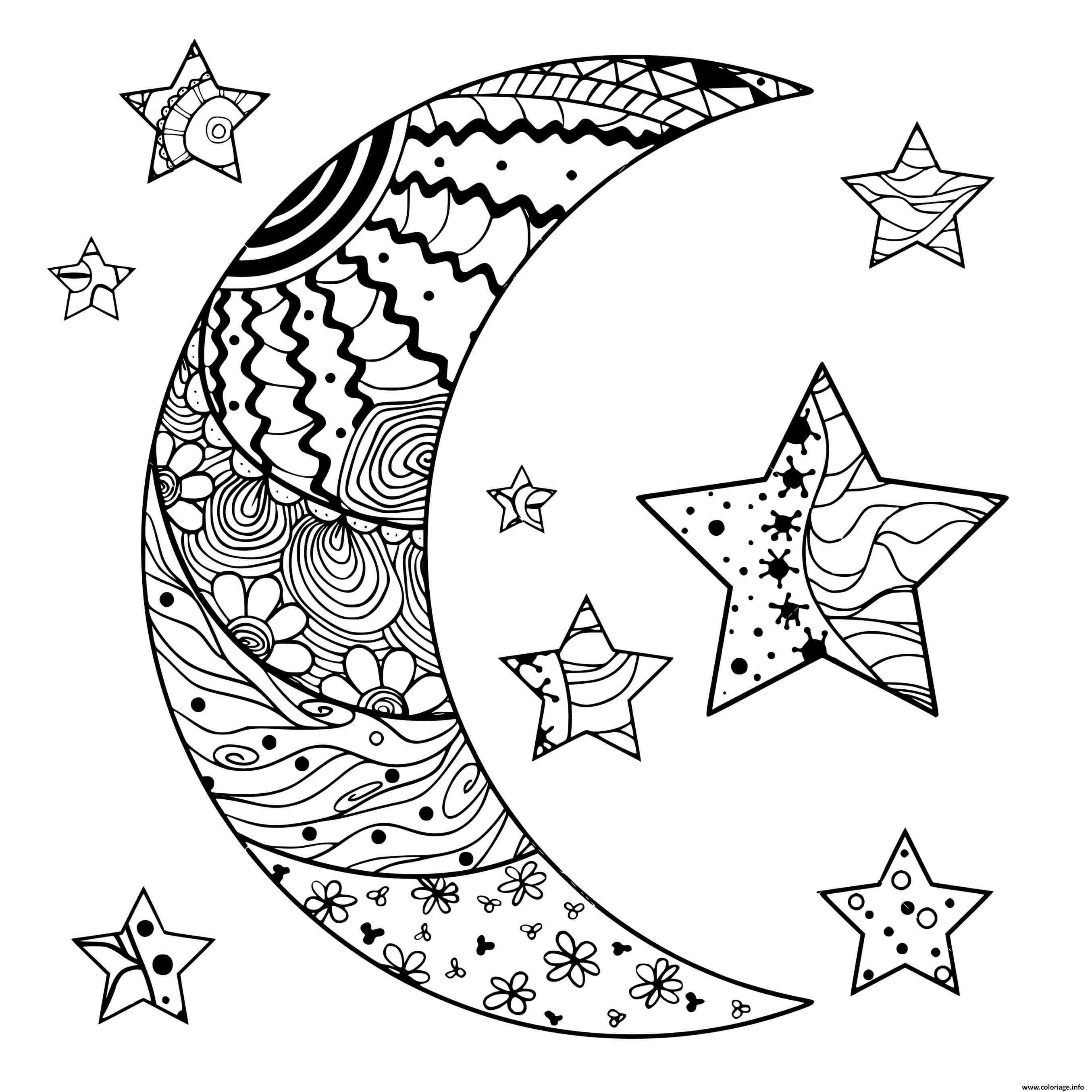 Dessin lune et etoile avec des motifs abstraits mandala Coloriage Gratuit à Imprimer
