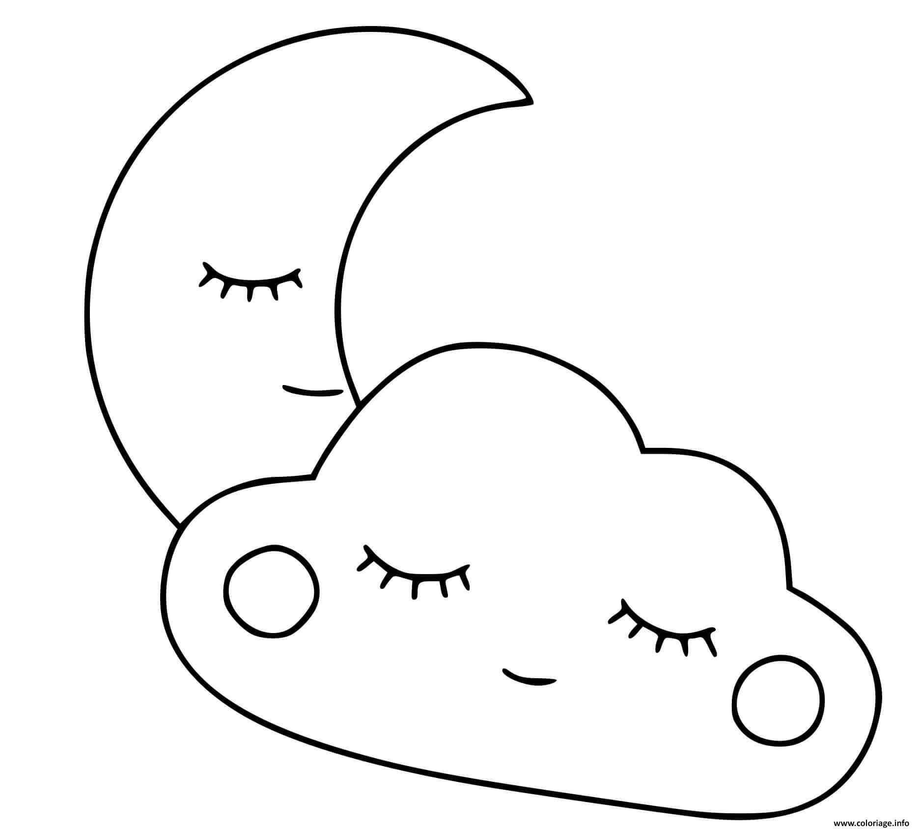 Dessin lune et nuage font dodo Coloriage Gratuit à Imprimer
