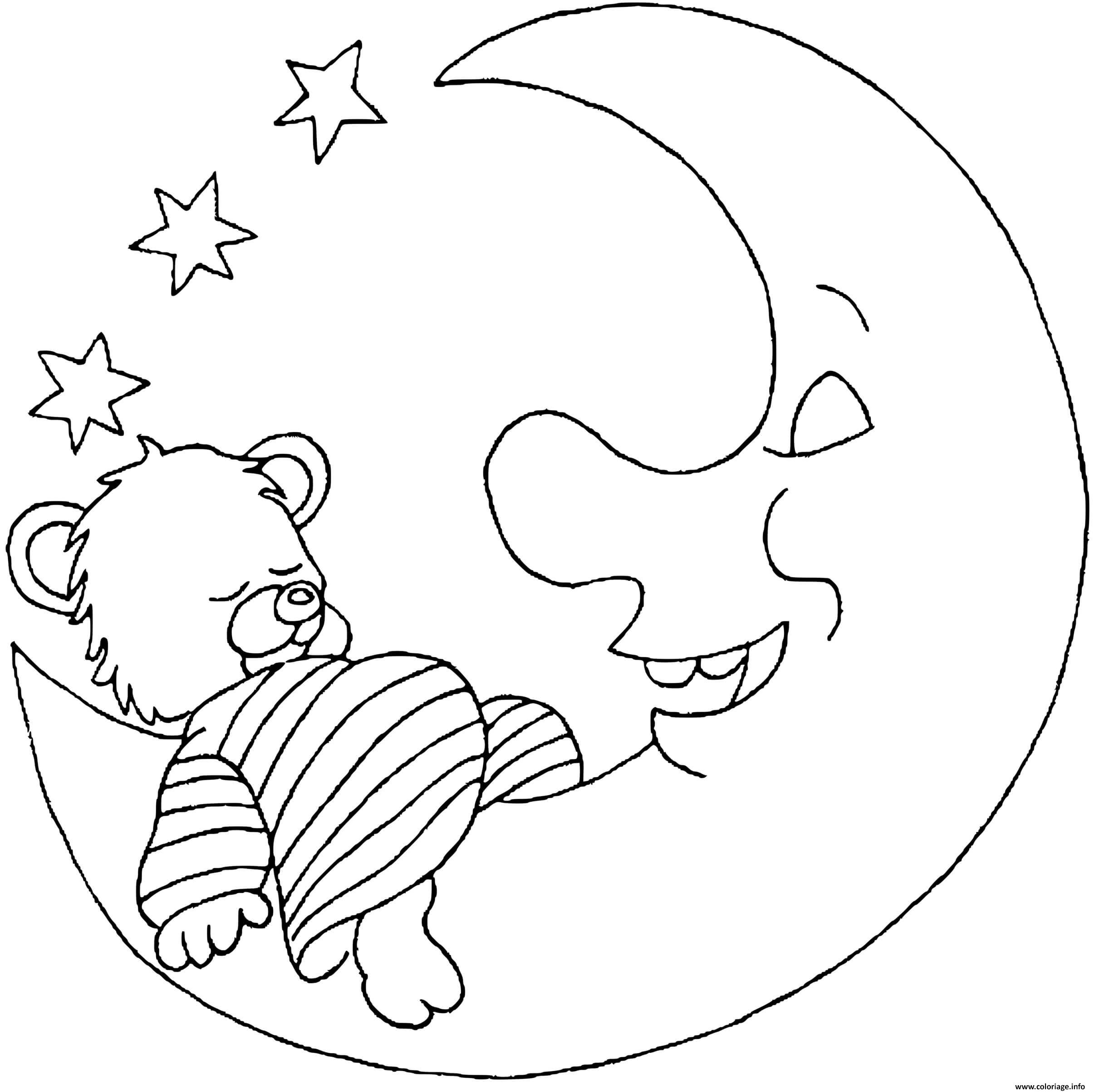 Dessin nounours fait dodo avec la lune Coloriage Gratuit à Imprimer