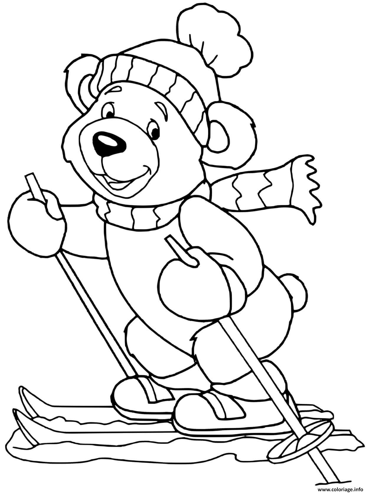Dessin ourson skieur ski de montagne Coloriage Gratuit à Imprimer