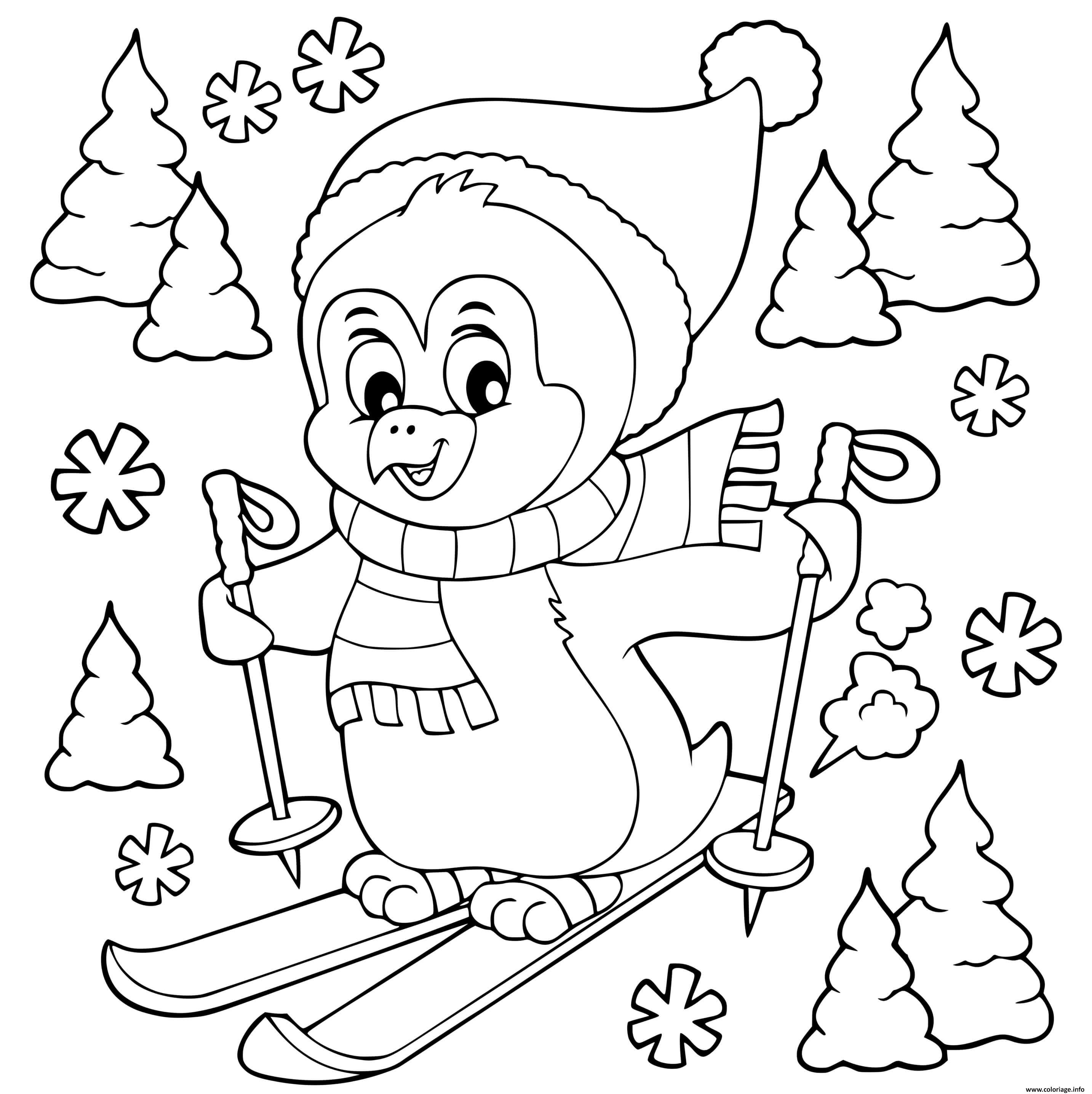 Dessin pinguoin fait du ski Coloriage Gratuit à Imprimer