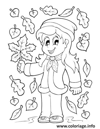 Dessin fille prend une feuille automne arbre Coloriage Gratuit à Imprimer