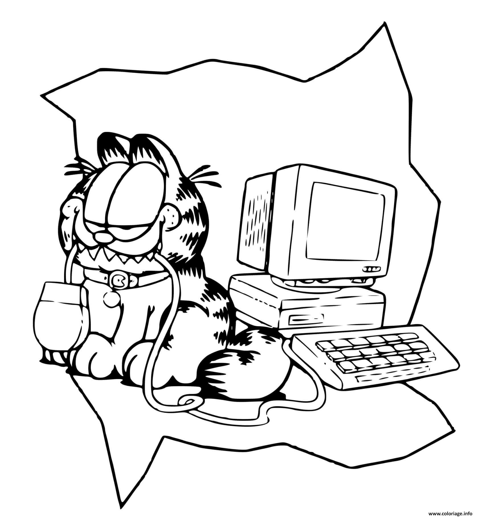 Coloriage Garfield Adore Jouer Avec Un Ordinateur Dessin à Imprimer